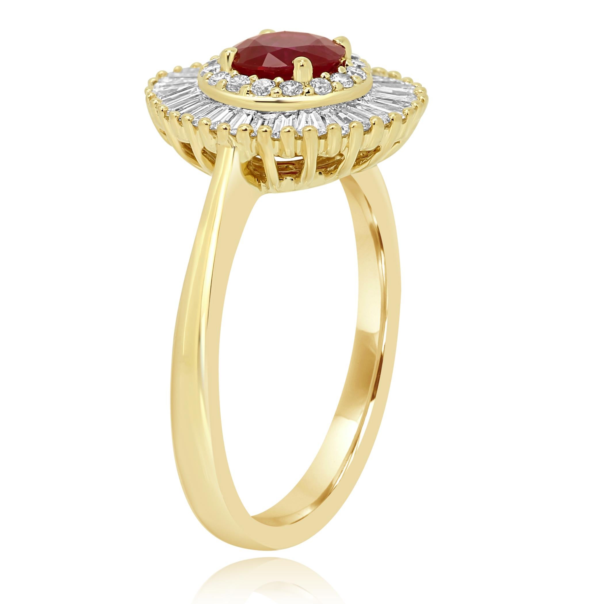 Ruby Round Diamond Double Halo Gold Art Deco Style Ballerina Cocktail Ring In New Condition In NEW YORK, NY