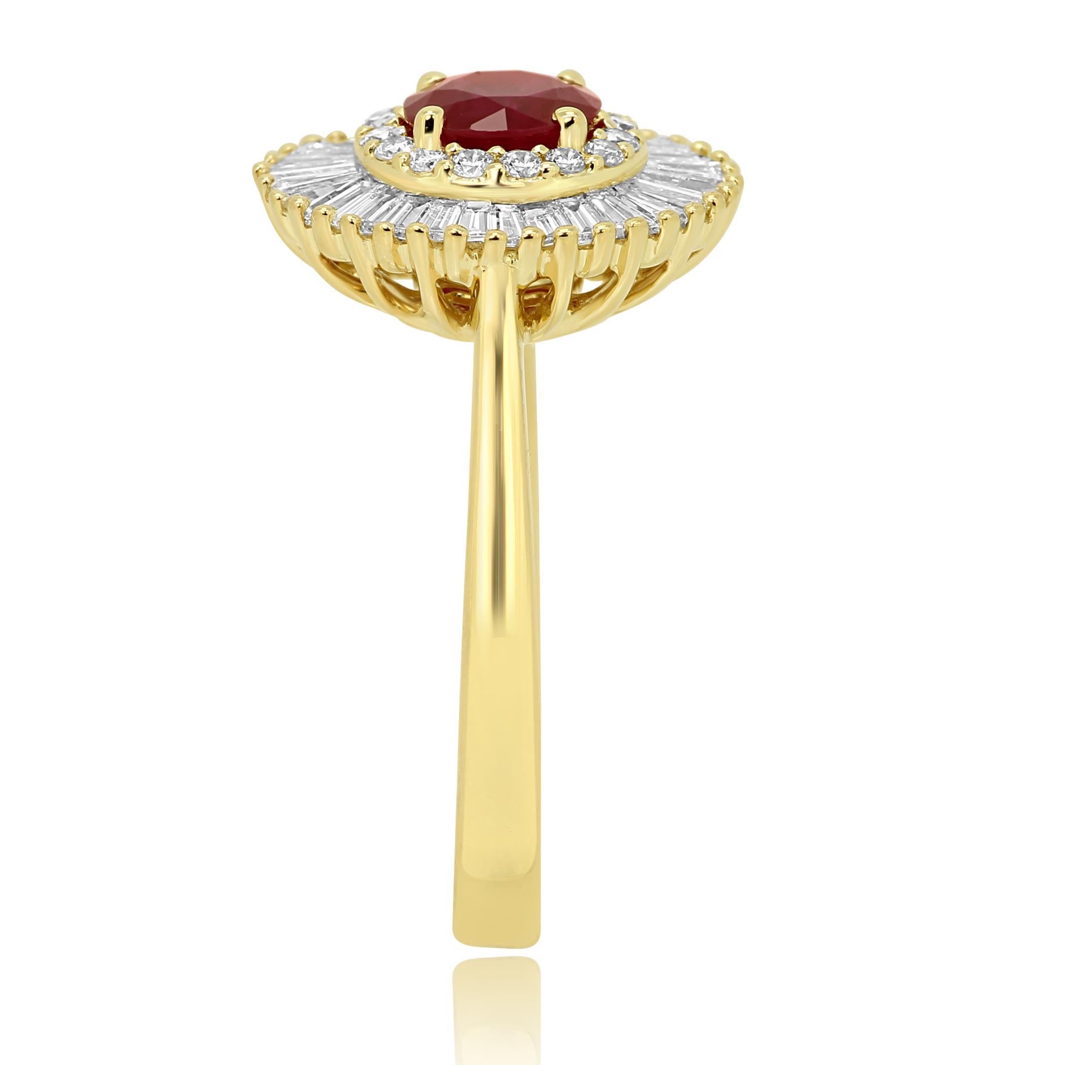 Women's or Men's Ruby Round Diamond Double Halo Gold Art Deco Style Ballerina Cocktail Ring
