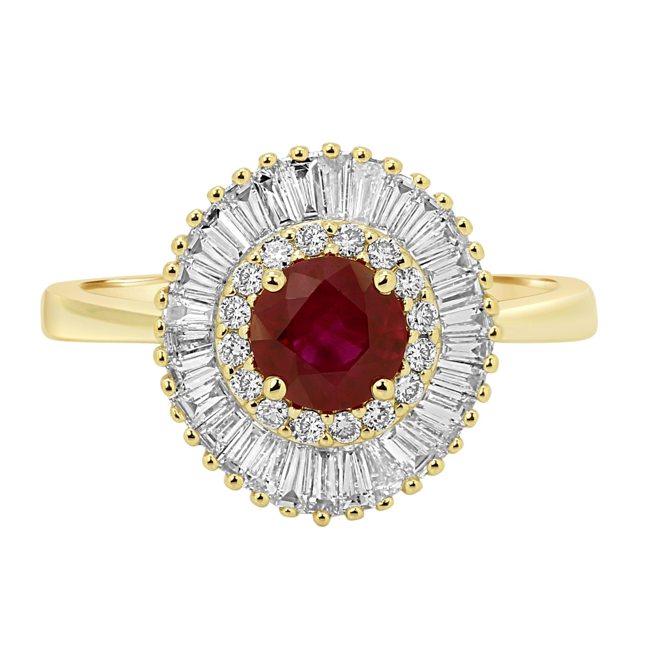 Ruby Round Diamond Double Halo Gold Art Deco Style Ballerina Cocktail Ring