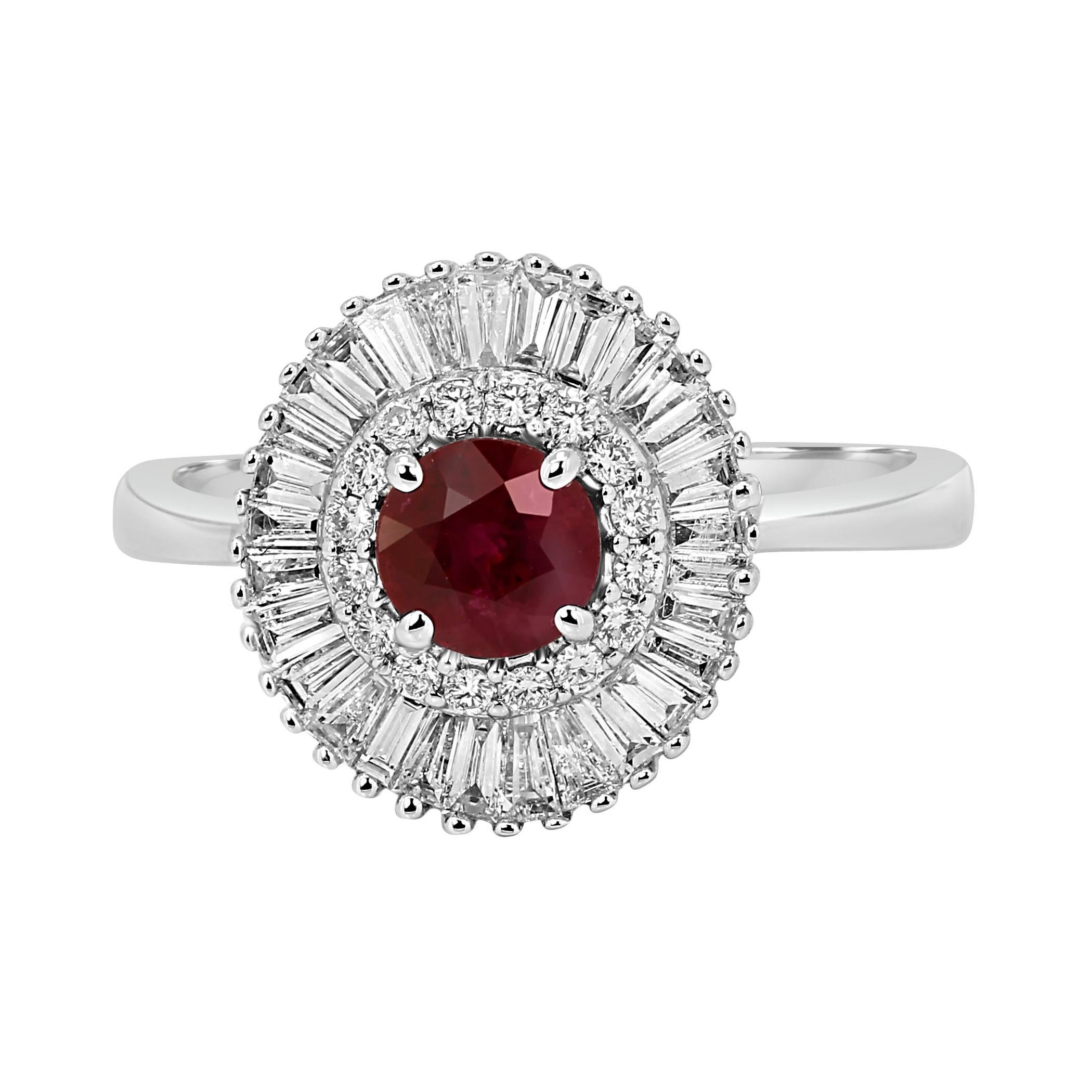Ruby Diamond Double Halo Gold Art Deco Style Ballerina Bridal Cocktail Ring