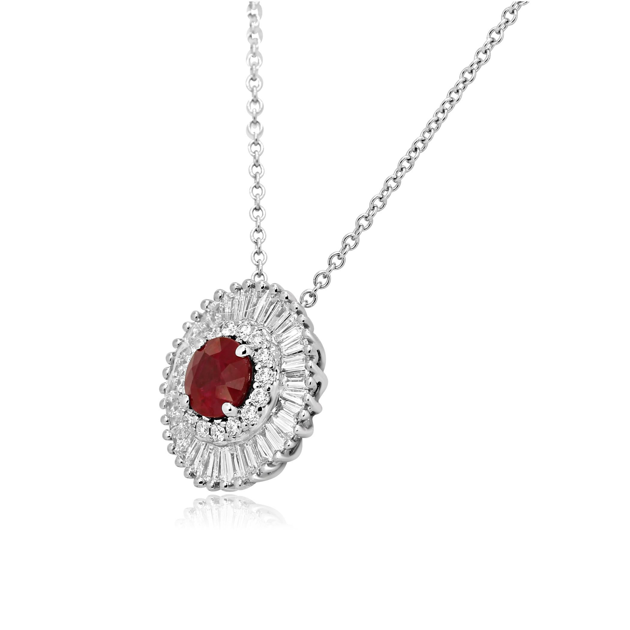 Gorgeous Ruby Round 0.63 Carat encircled in a Double Halo of White Round Diamonds 0.11 Carat and White Baguette Diamond 0.45 Carat in 14K White Gold Stunning Ballerina Style Pendant Necklace.

Center Ruby Weight 0.63 Carat
Total Diamond Weight 0.56