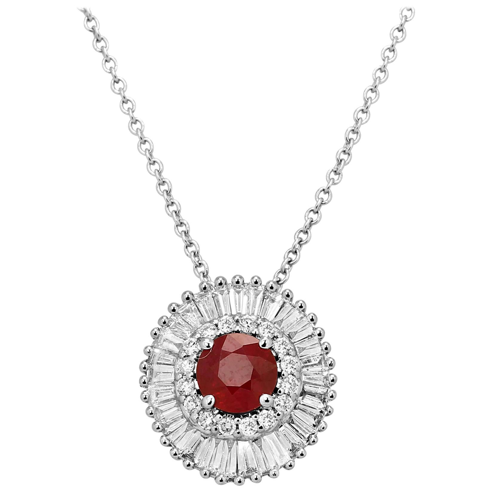 Ruby Round Diamond Double Halo Gold Art Deco Ballerina Style Pendant Necklace