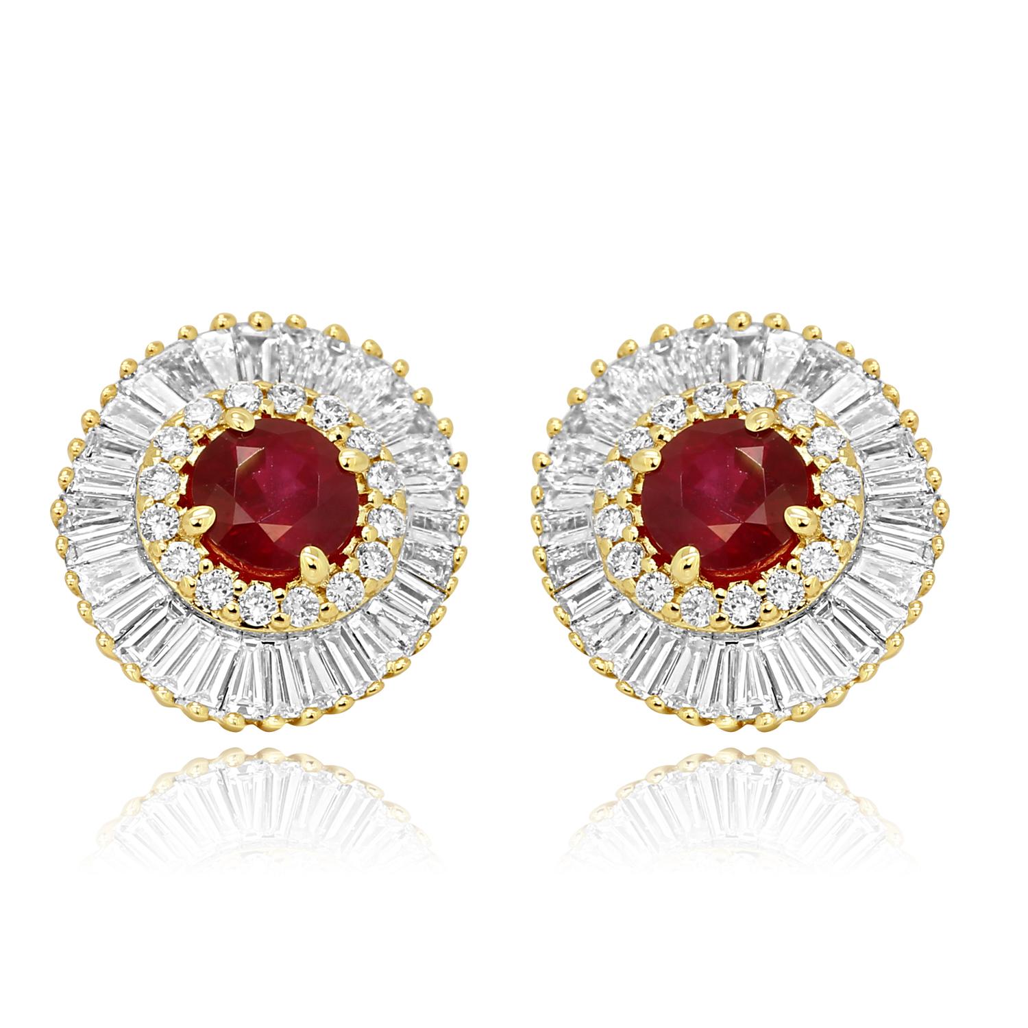 Gorgeous Ruby Round 1.06 Carat encircled in a Double Halo of White Round Diamonds 0.22 Carat and White Baguette Diamond 0.98 Carat in 14K Yellow Gold Stunning Ballerina Style Earring.

Style available in different price ranges. Prices are based on