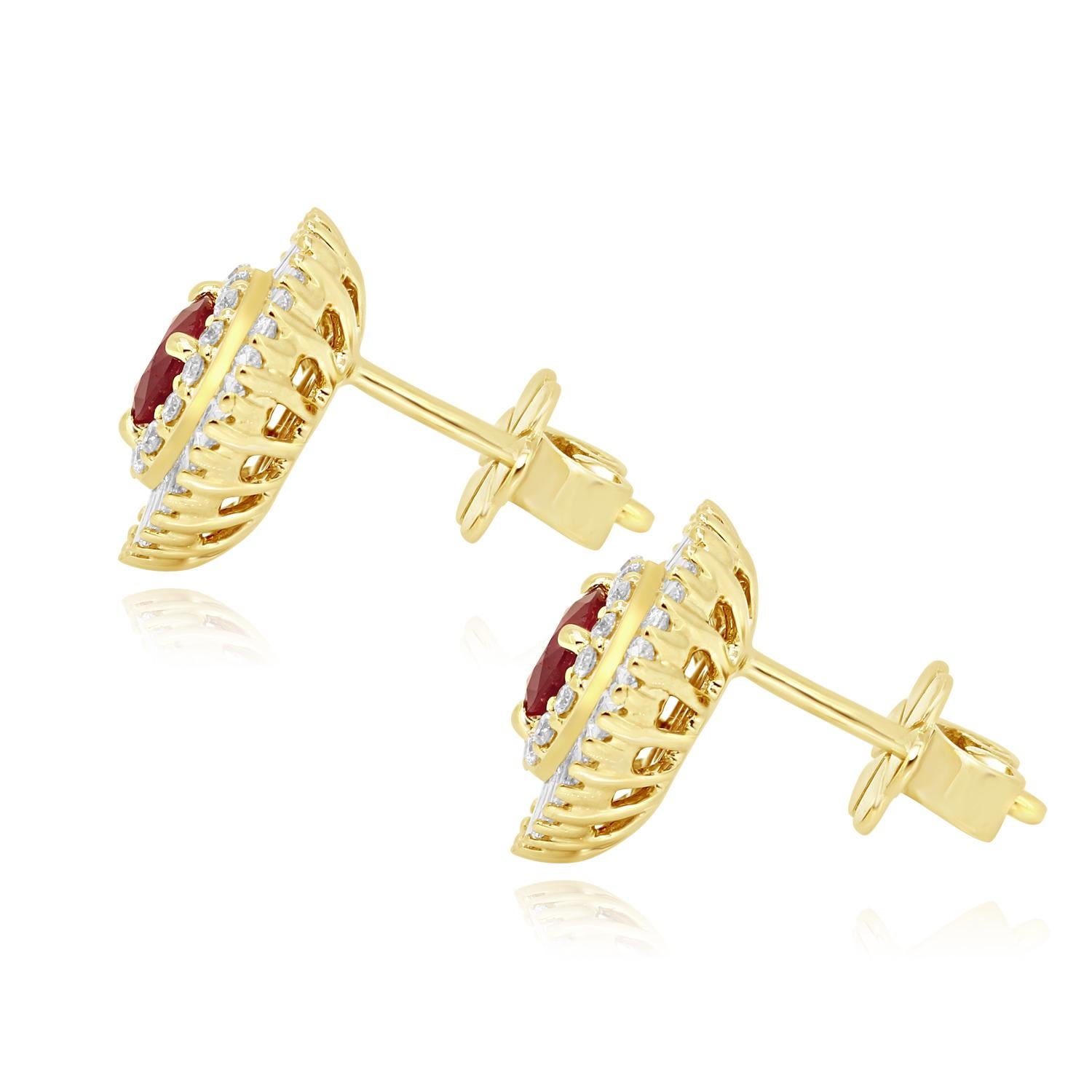 Ruby Round Diamond Double Halo Gold Ballerina Style Earring In New Condition In NEW YORK, NY