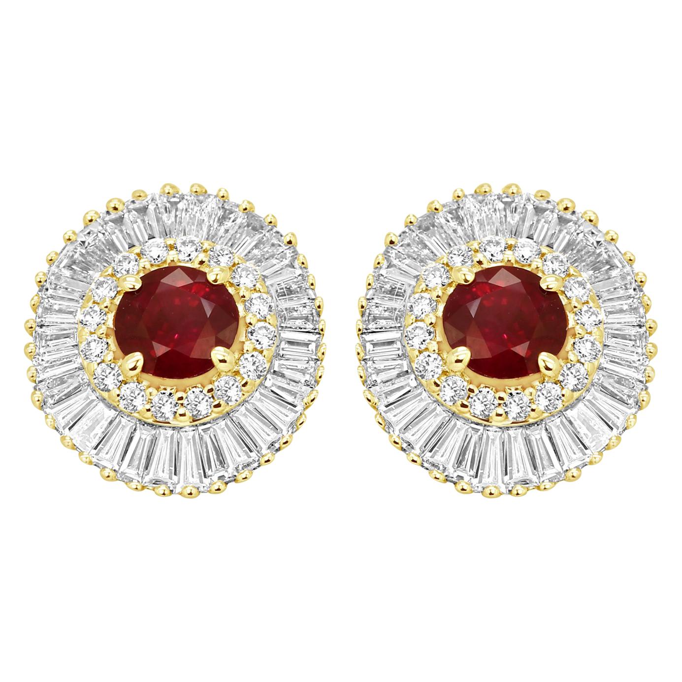 Ruby Round Diamond Double Halo Gold Ballerina Style Earring