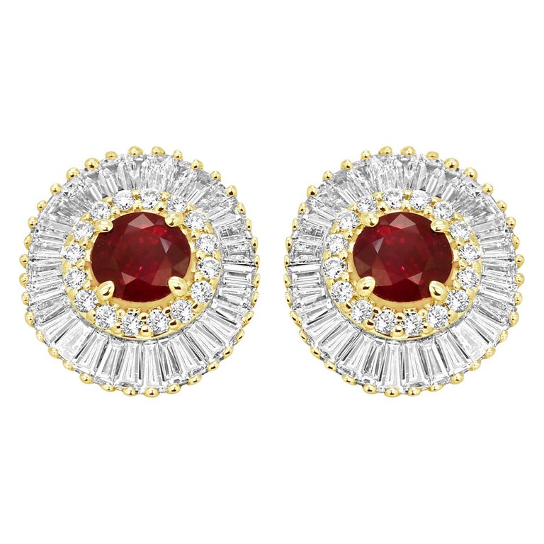 Ruby Round Diamond Double Halo Gold Ballerina Style Earring at 1stDibs