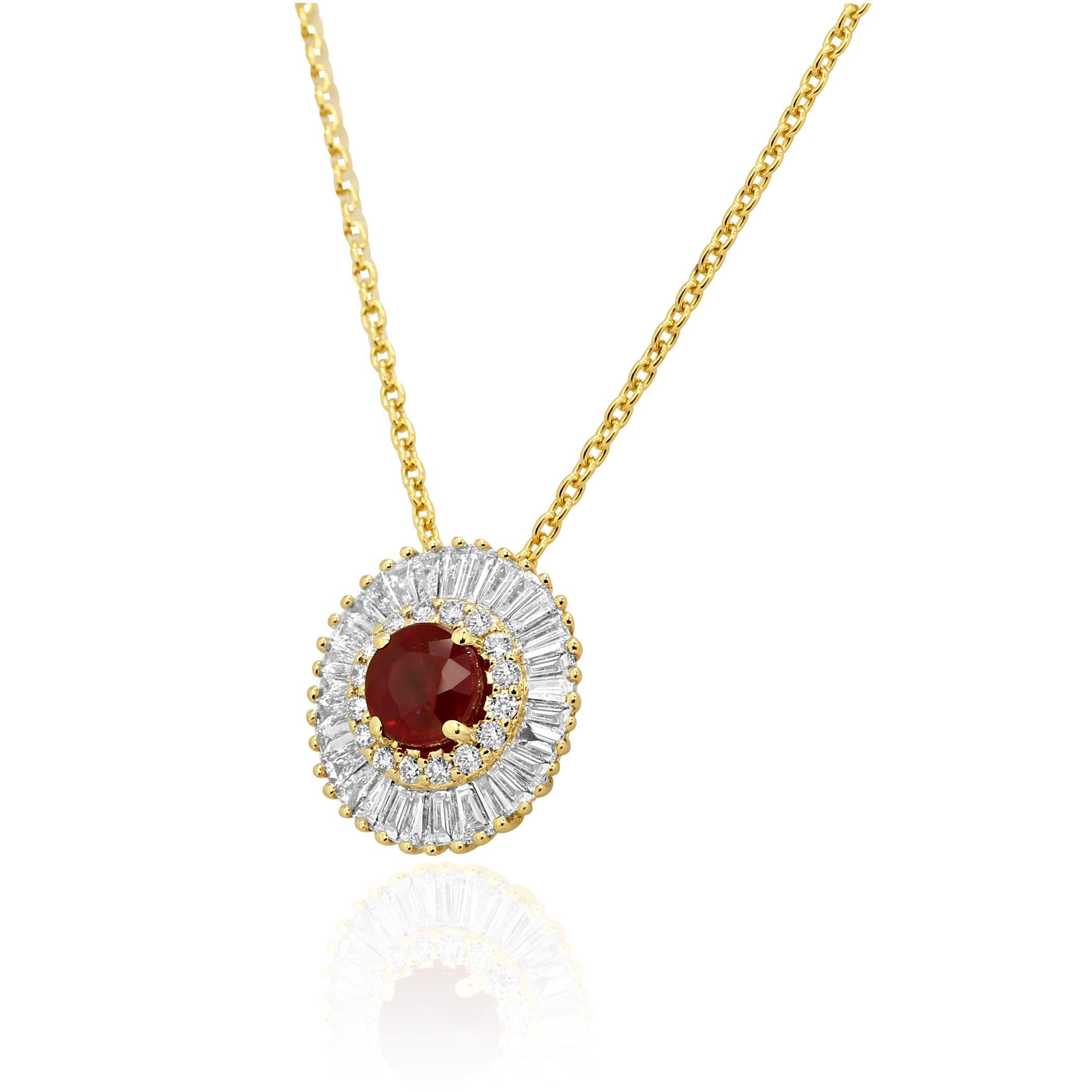 Gorgeous Ruby Round 0.53 Carat encircled in a Double Halo of White Round Diamonds 0.11 Carat and White Baguette Diamond 0.46 Carat in 14K Yellow Gold Stunning Ballerina Style Pendant Necklace.

Style available in different price ranges. Prices are