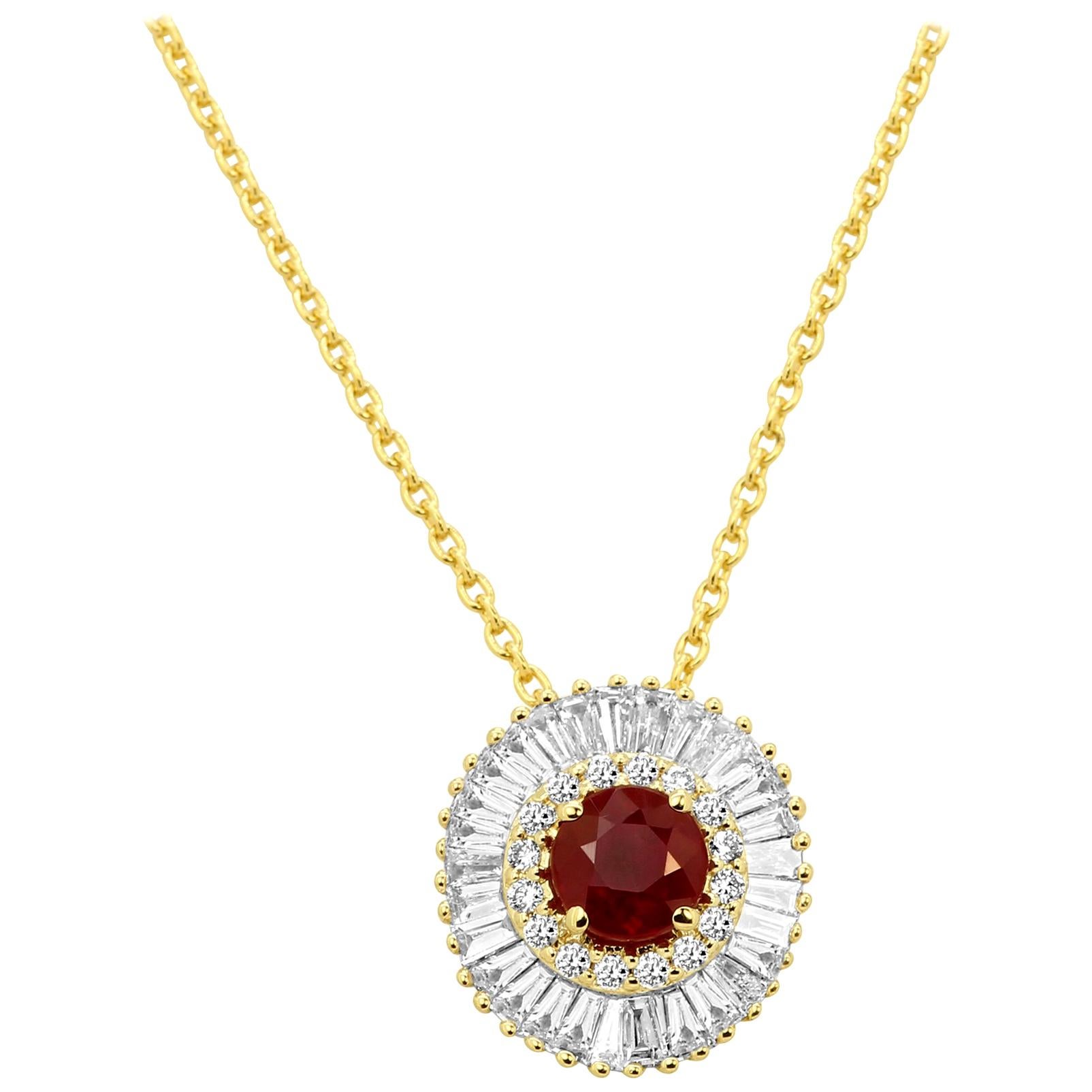 Ruby Round Diamond Double Halo Gold Ballerina Style Pendant Necklace