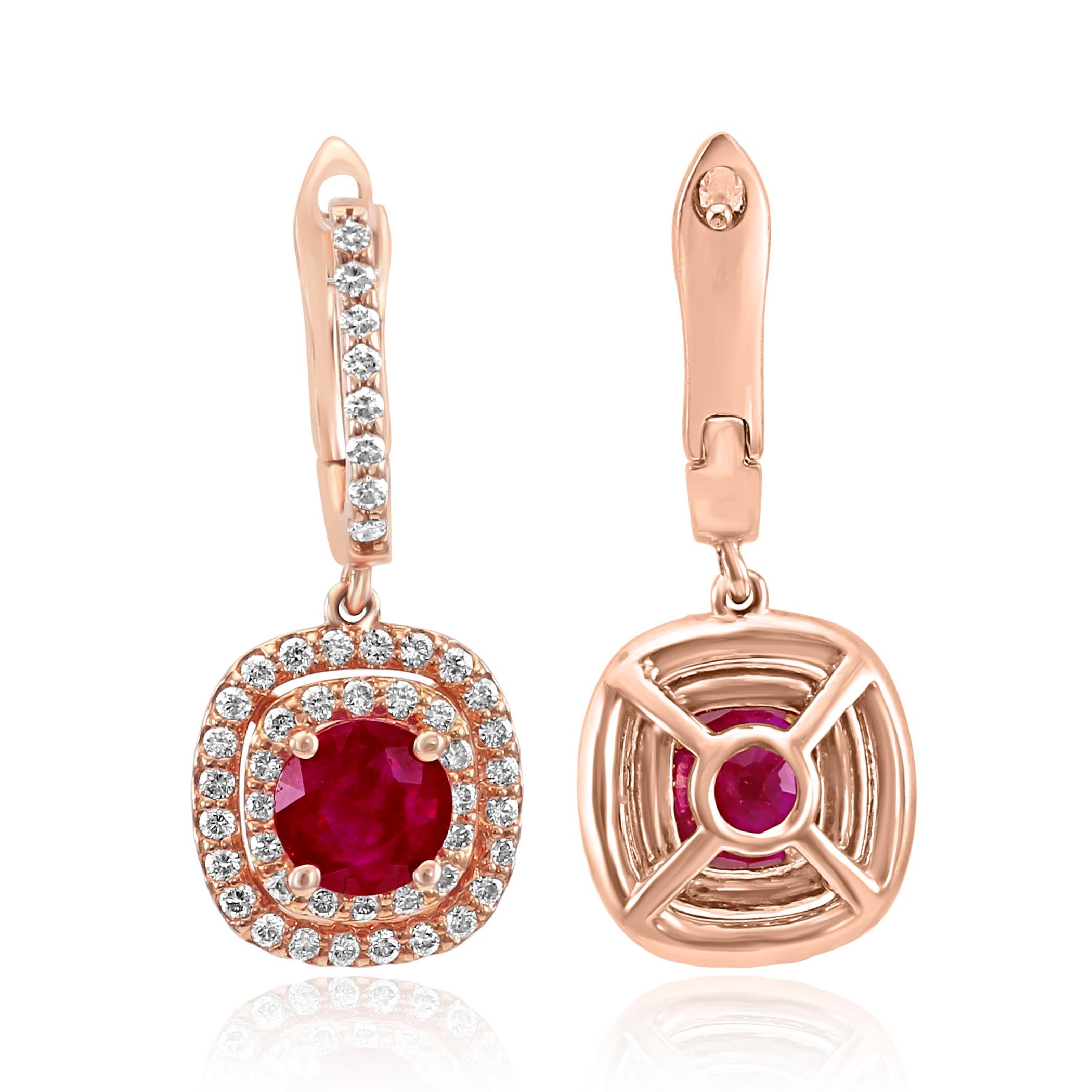 Beautiful 2 Ruby Rounds 2.03 Carats Encircled in Double Halo of 96 White G-H Color SI clarity  0.75 Carat Round Diamonds set in stunning 14K Rose Gold Dangle Drop Fashion Clip On Cushion Shaped Earrings .

Total Stone Weight 2.78 Carats

Style