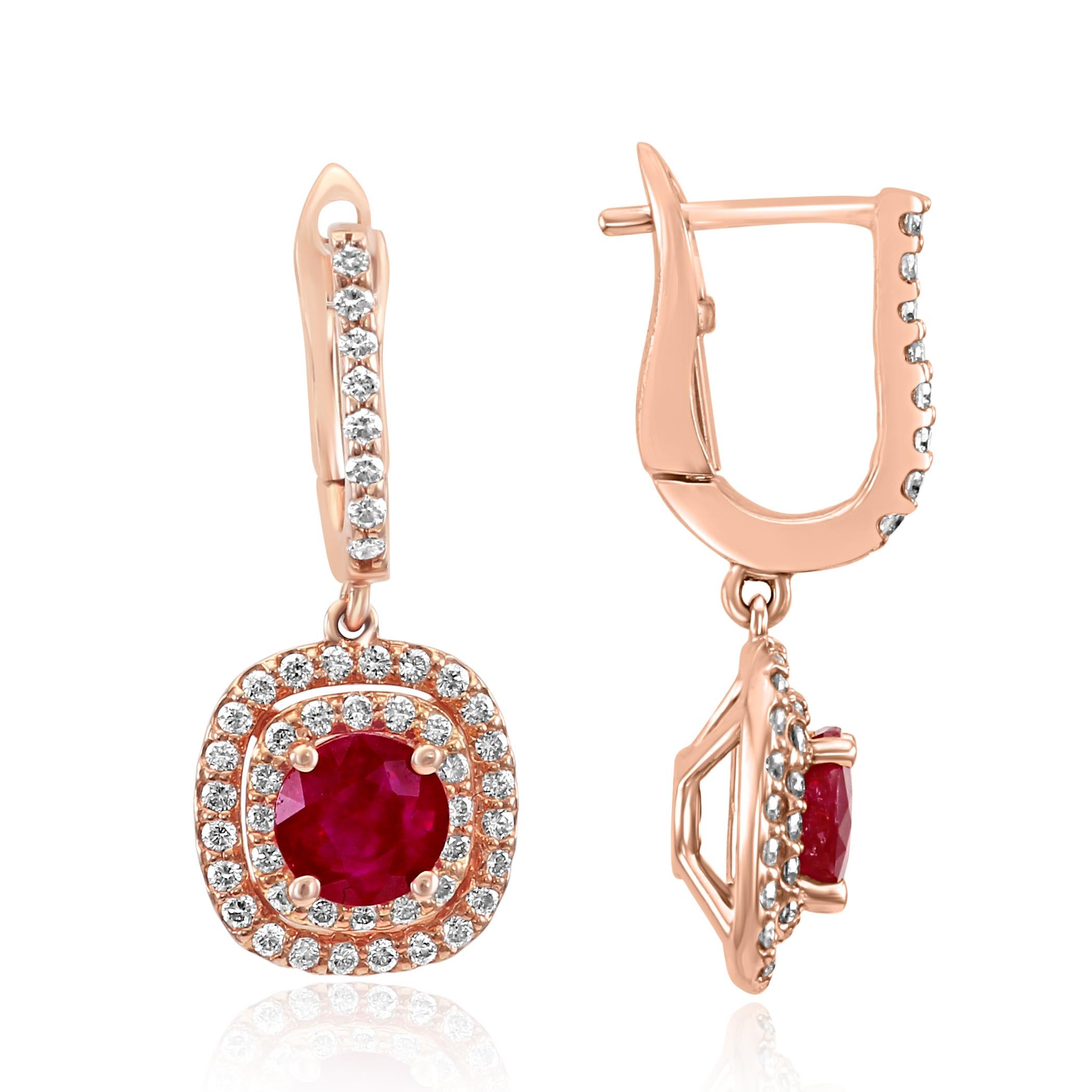 Contemporary Ruby Round Diamond Double Halo Rose Gold Dangle Drop Fashion Clip-On Earrings
