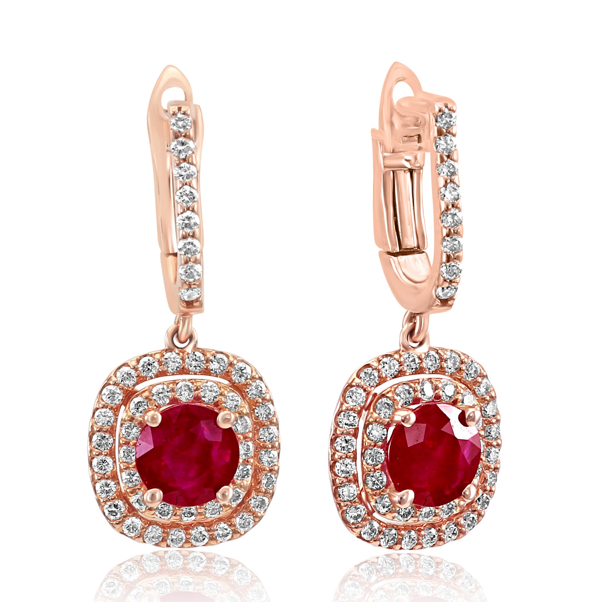 Round Cut Ruby Round Diamond Double Halo Rose Gold Dangle Drop Fashion Clip-On Earrings