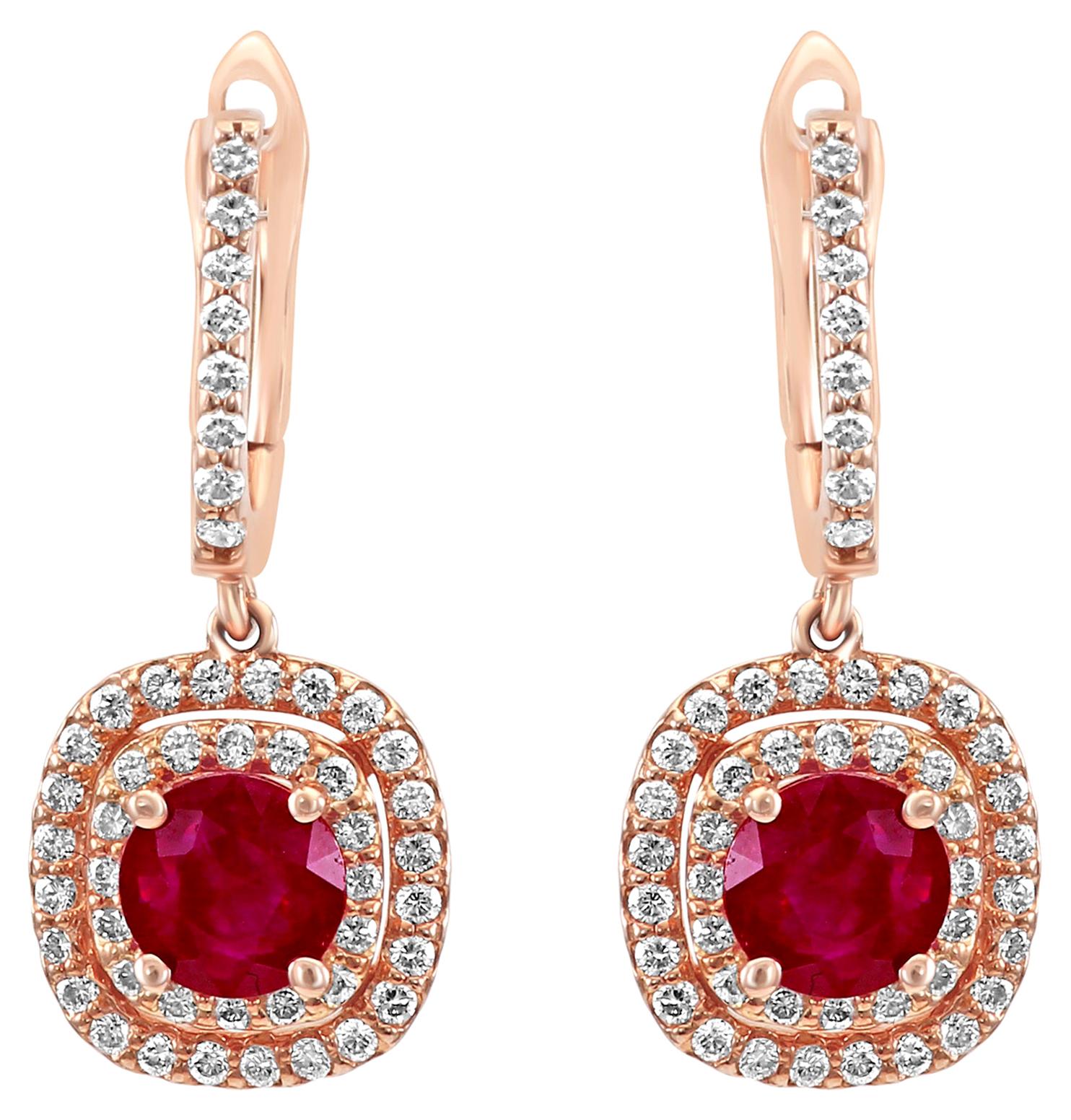Ruby Round Diamond Double Halo Rose Gold Dangle Drop Fashion Clip-On Earrings
