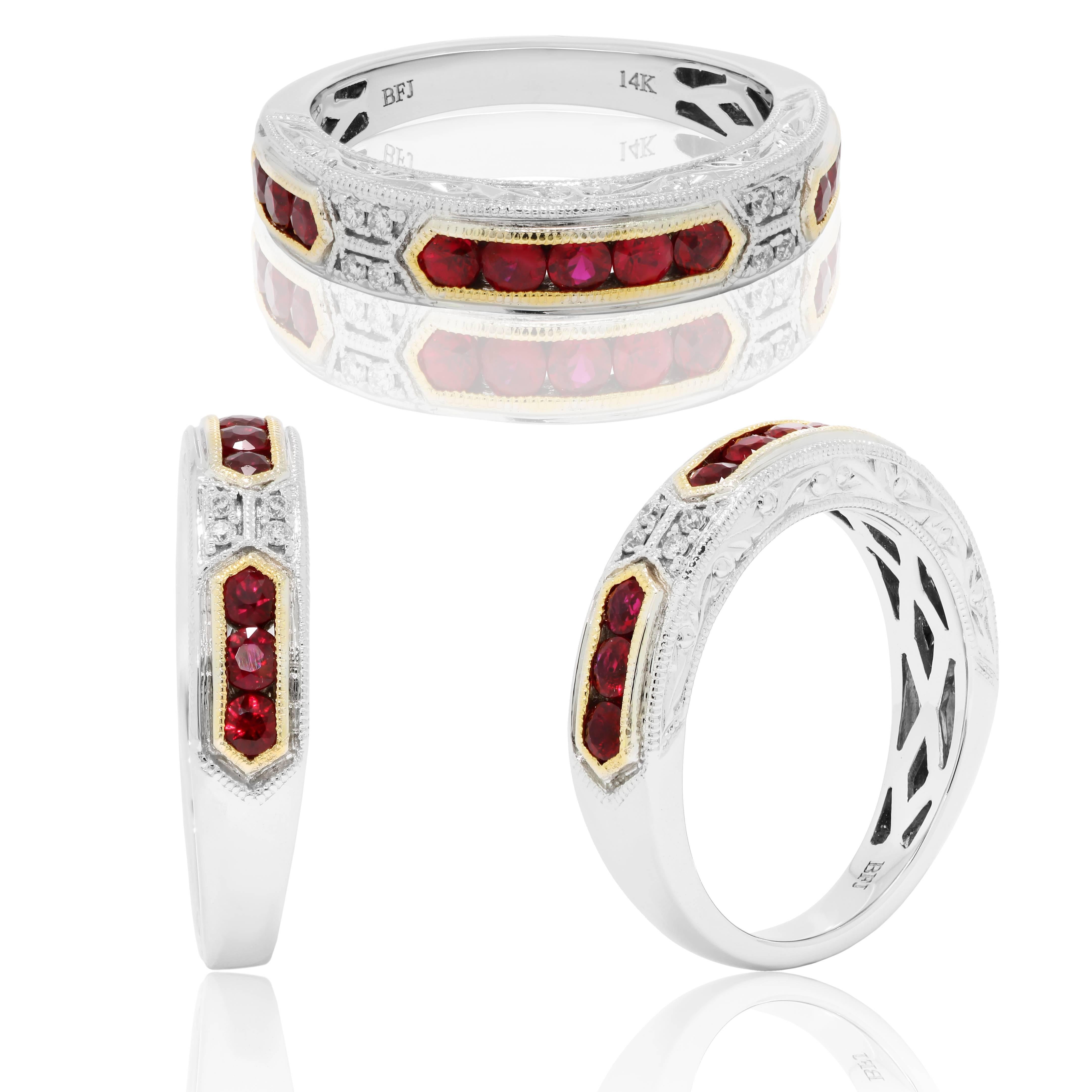 Modern Ruby Round Diamond Engraved Filigree Two Color Gold Fashion Bridal Band Ring