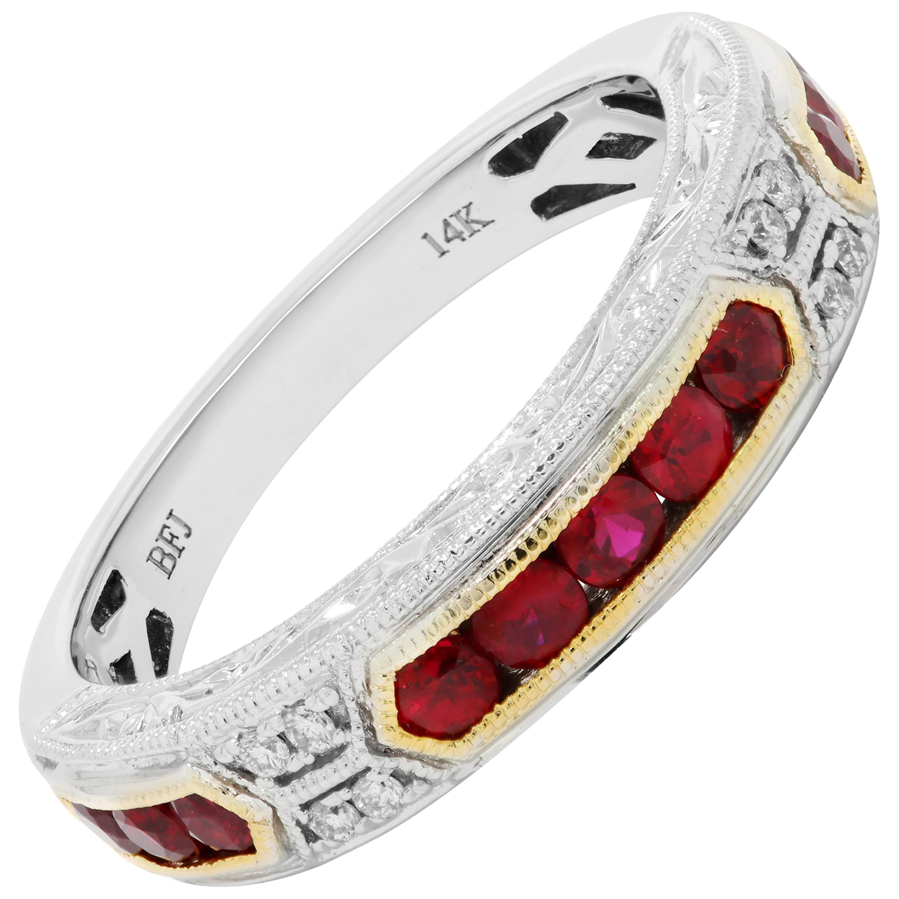 Ruby Round Diamond Engraved Filigree Two Color Gold Fashion Bridal Band Ring