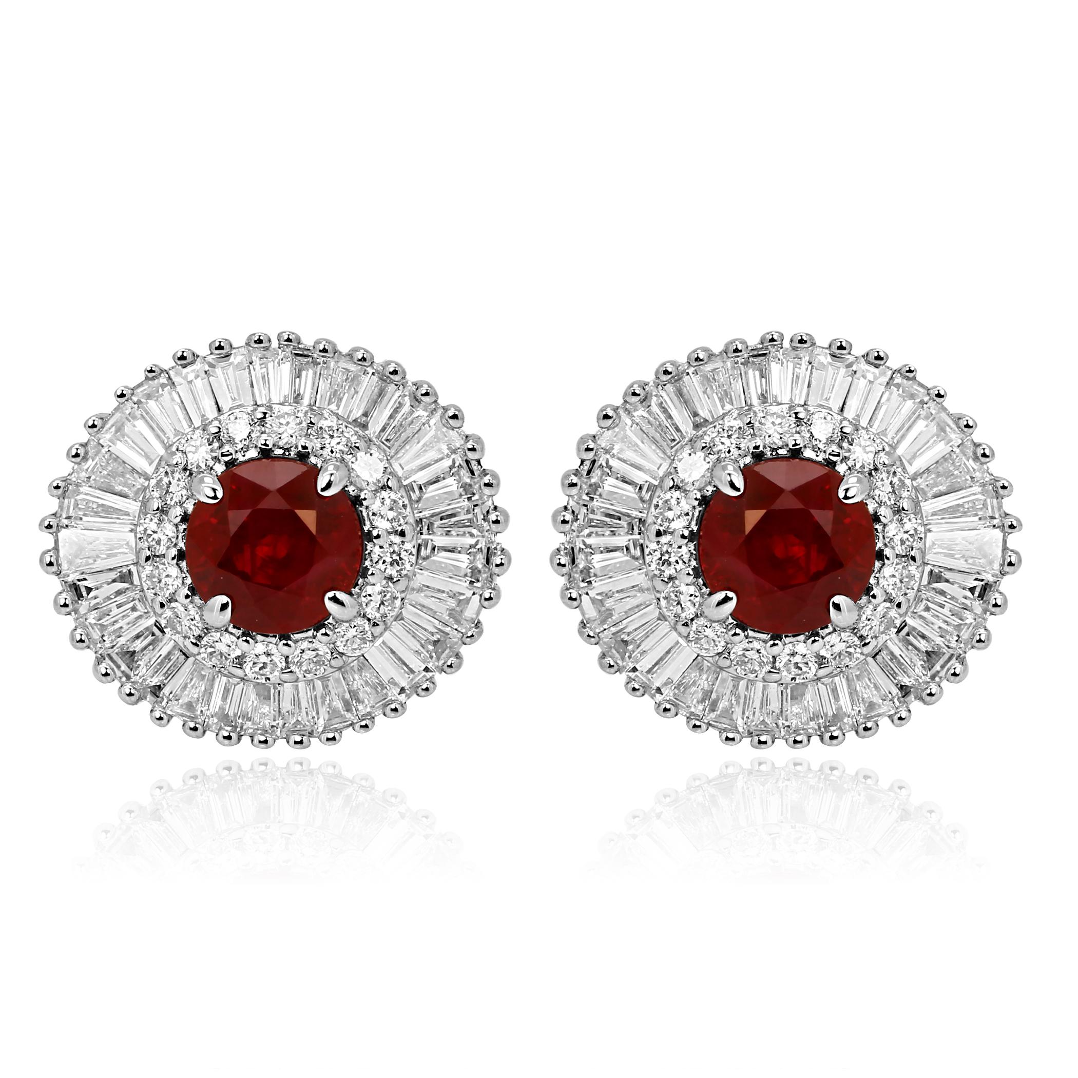 Gorgeous Ruby Round 1.37 Carat encircled in a Double Halo of White G-H Color VS-SI Round Diamonds 0.22 Carat and White G-H Color VS-SI Baguette Diamond 0.98 Carat in 14K White Gold Stunning Ballerina Style Earring.

Center Ruby Weight 1.37