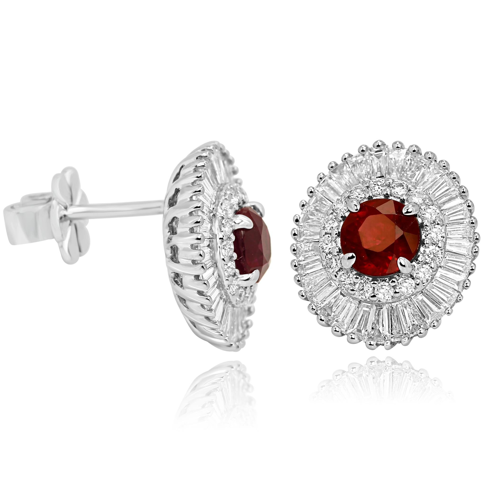 Round Cut Ruby Round Diamond Round Baguettes Double Halo Gold Ballerina Style Earring
