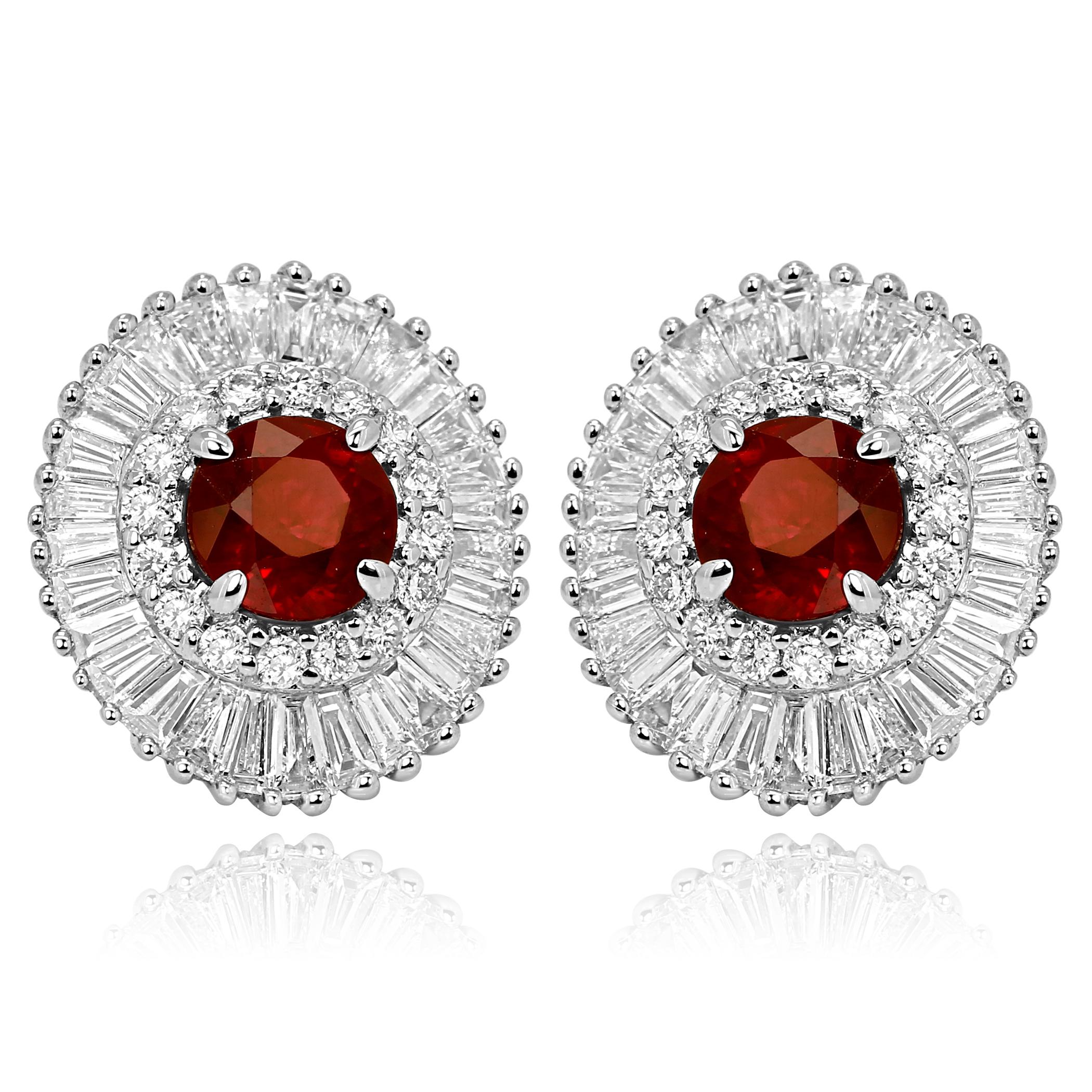 Ruby Round Diamond Round Baguettes Double Halo Gold Ballerina Style Earring In New Condition In NEW YORK, NY