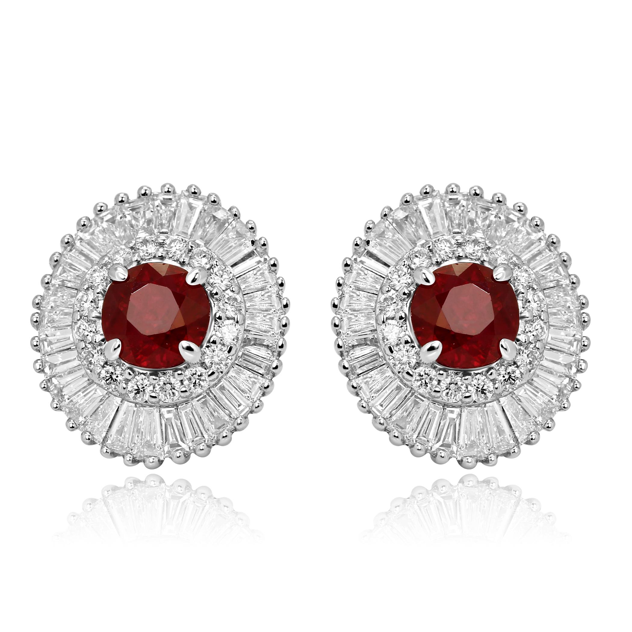 Women's or Men's Ruby Round Diamond Round Baguettes Double Halo Gold Ballerina Style Earring