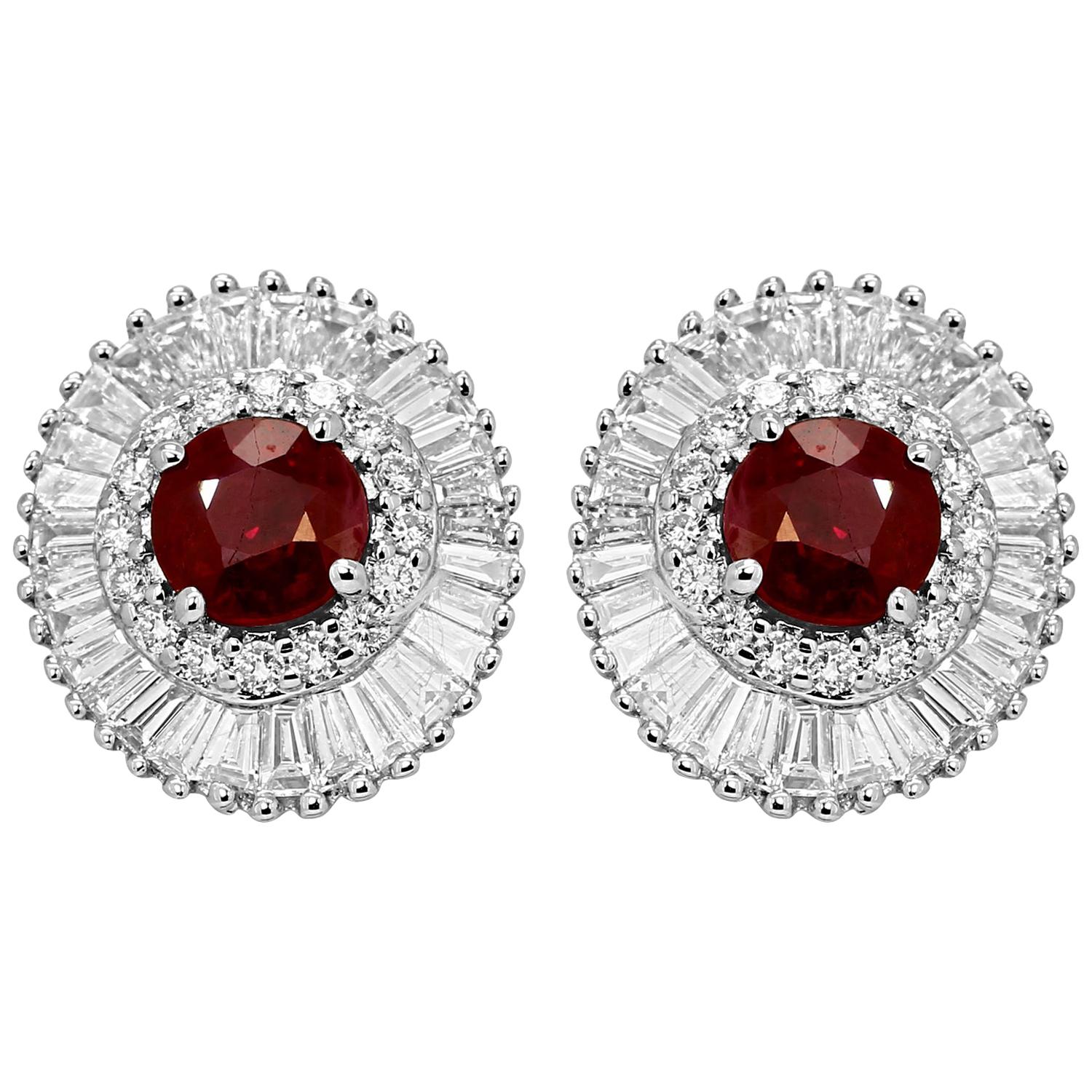 Ruby Round Diamond Round Baguettes Double Halo Gold Ballerina Style Earring