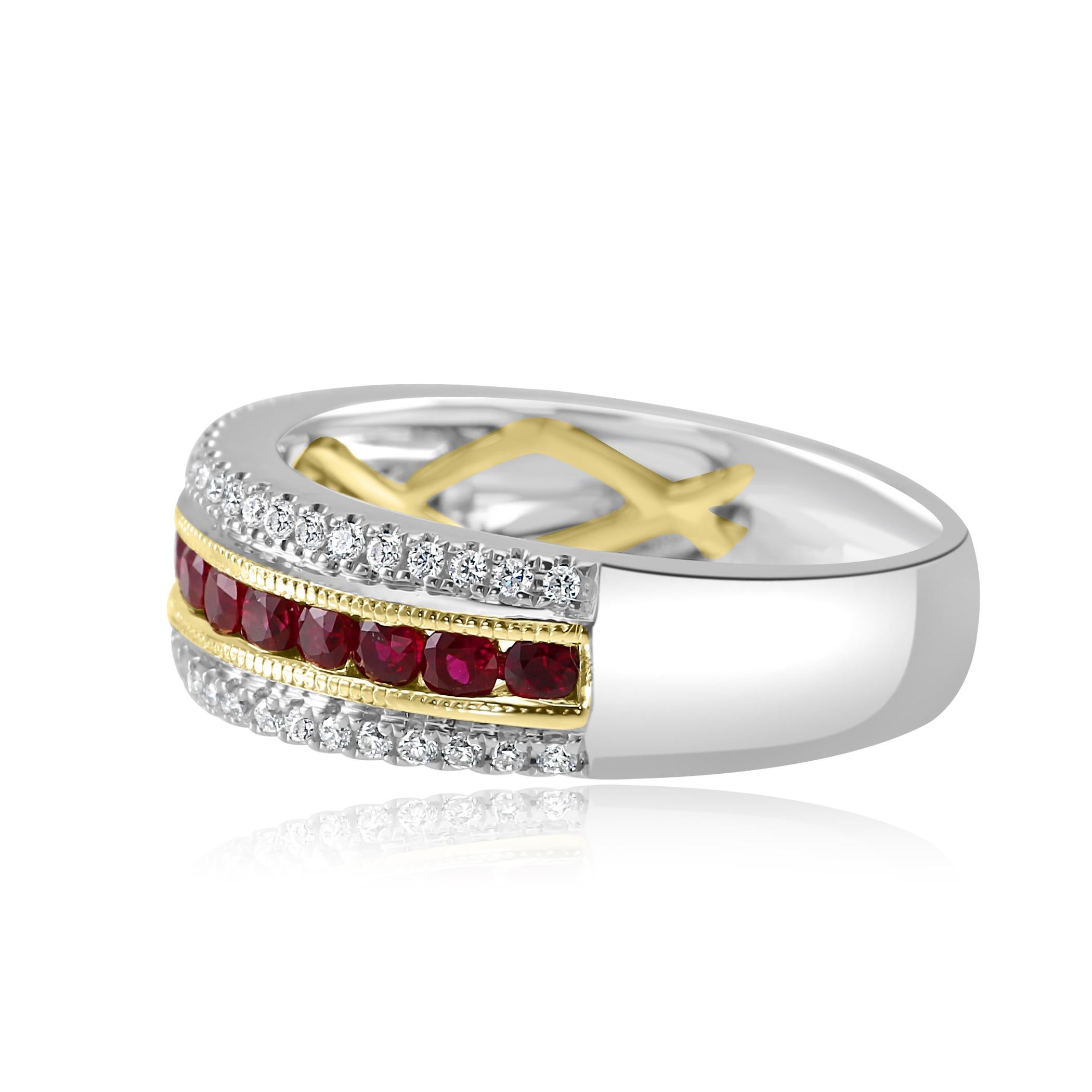 Modern Ruby Round Diamond Three-Row Two-Color Gold Fashion Cocktail Band Ring