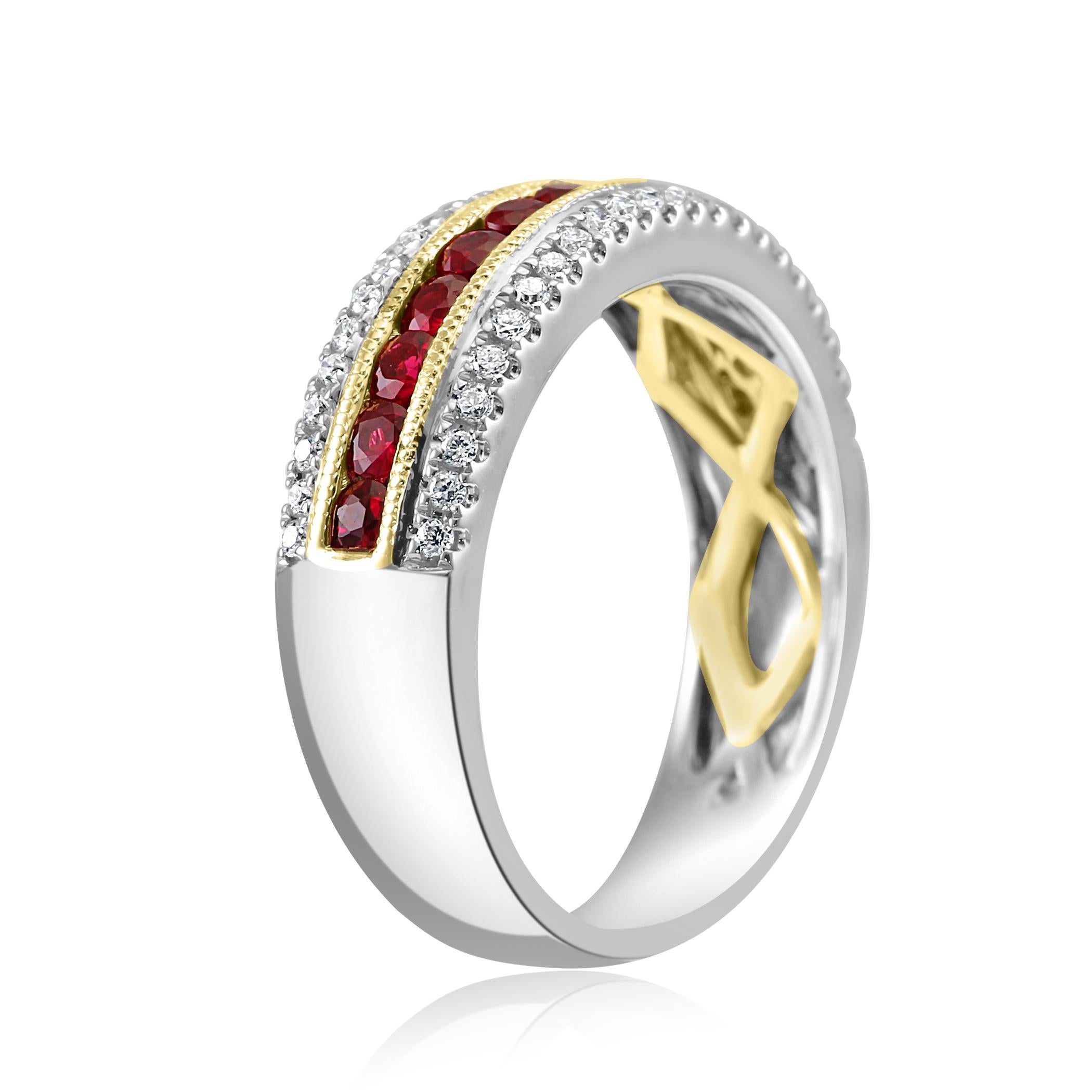 Round Cut Ruby Round Diamond Three-Row Two-Color Gold Fashion Cocktail Band Ring