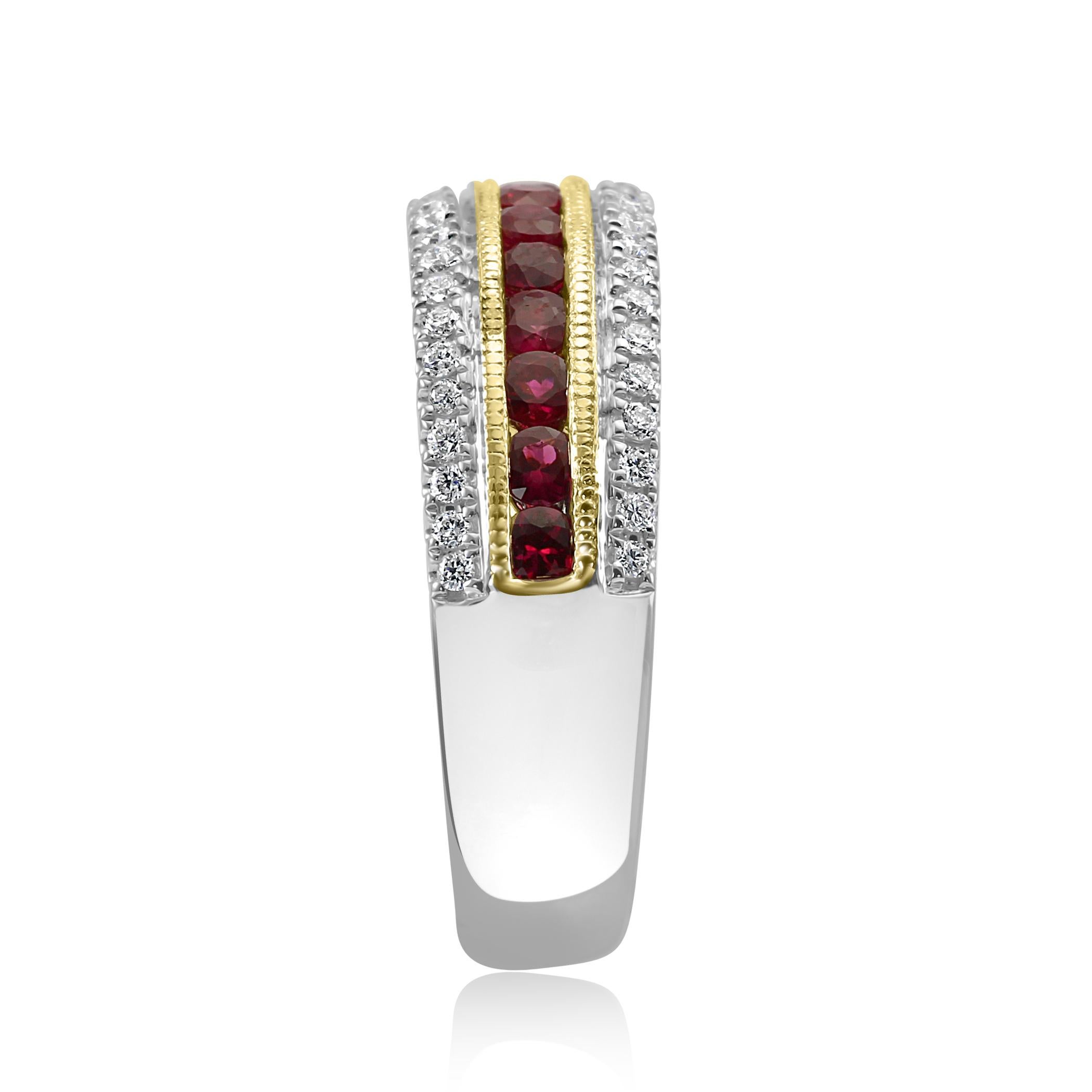 Ruby Round Diamond Three-Row Two-Color Gold Fashion Cocktail Band Ring In New Condition In NEW YORK, NY