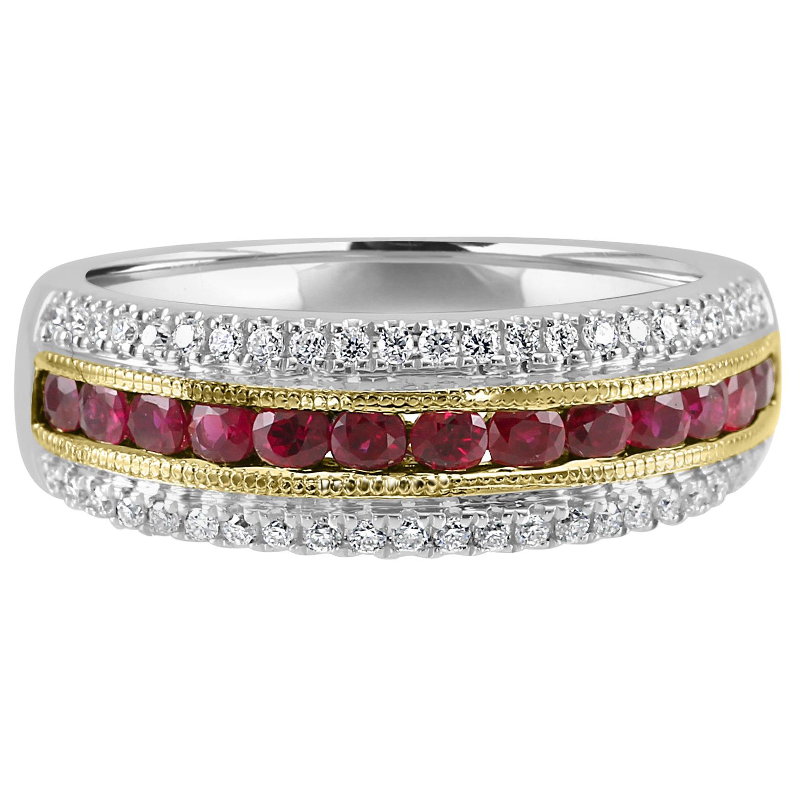 Ruby Round Diamond Three-Row Two-Color Gold Fashion Cocktail Band Ring