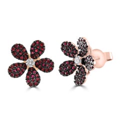 Ruby Round White Diamond 14 Karat Gold Flower Shape Cocktail Fashion Earring's