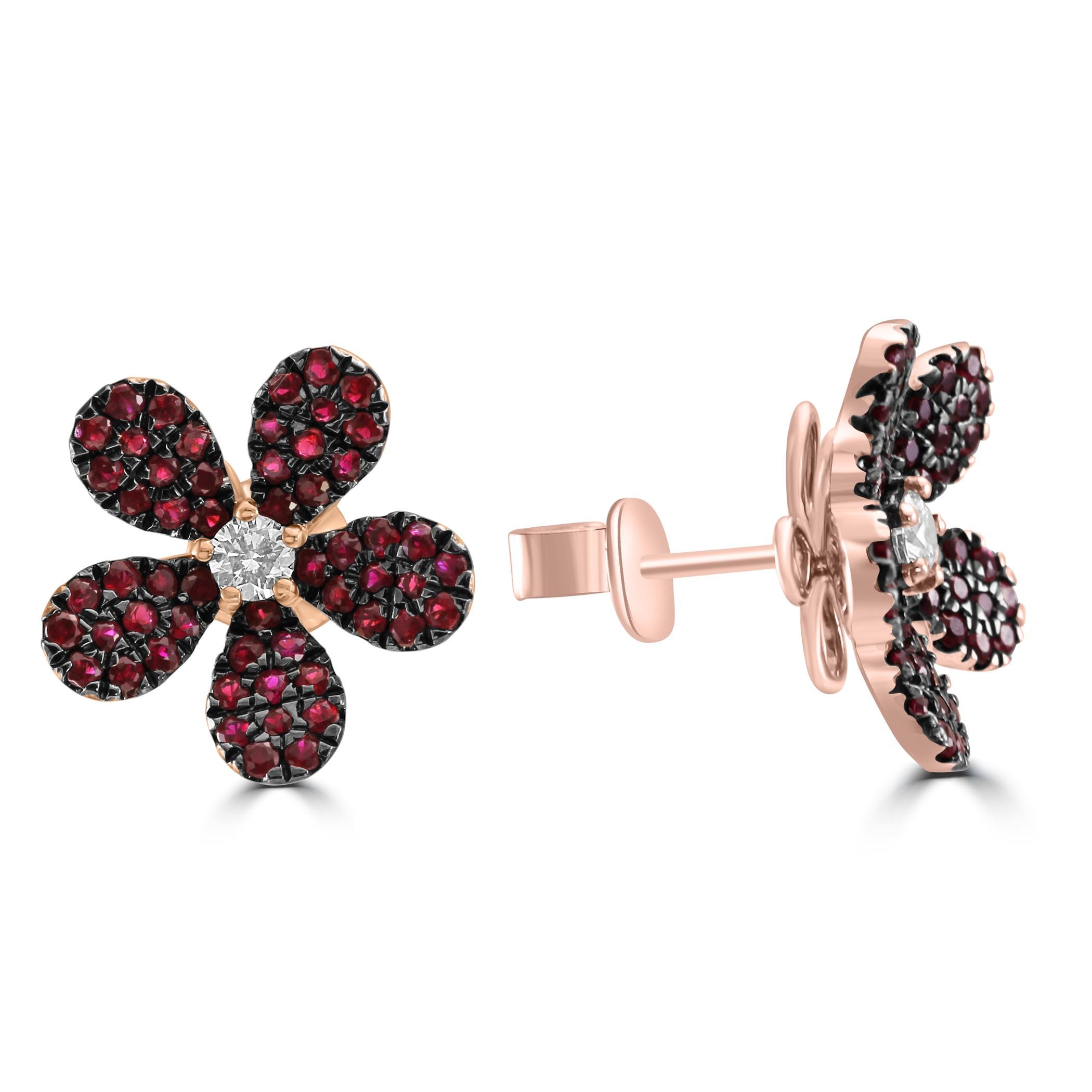 Modern Ruby Round White Diamond 14 Karat Gold Flower Shape Cocktail Fashion Earring's For Sale