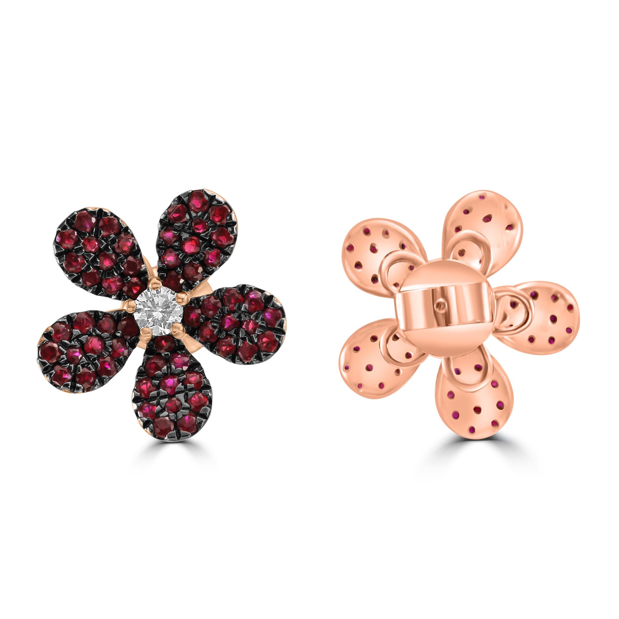 Round Cut Ruby Round White Diamond 14 Karat Gold Flower Shape Cocktail Fashion Earring's For Sale
