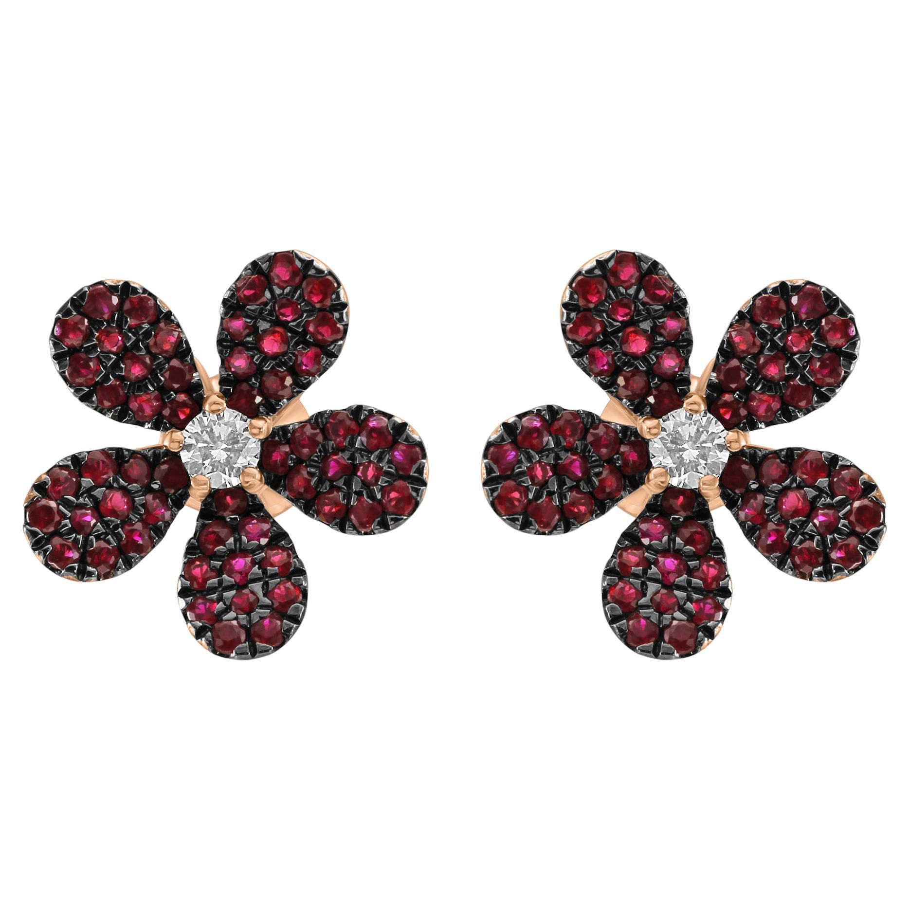 Ruby Round White Diamond 14 Karat Gold Flower Shape Cocktail Fashion Earring's