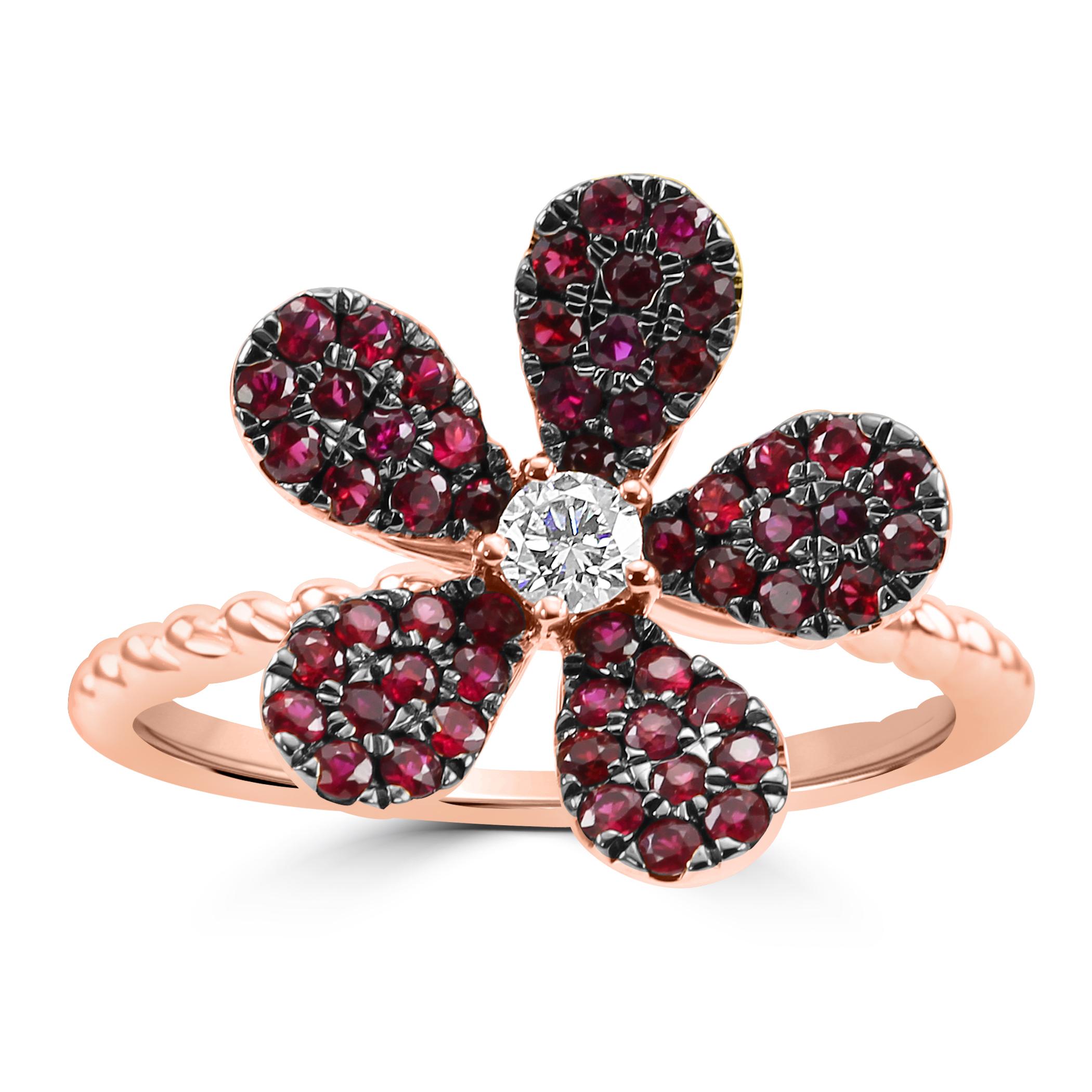 Osiyan is excited to introduce our flower-shaped ring, a true floral masterpiece that blooms with the vibrancy of 55 captivating Ruby stones totaling to 0.66 carats. Nestled at the heart of this floral arrangement is a single, brilliant White