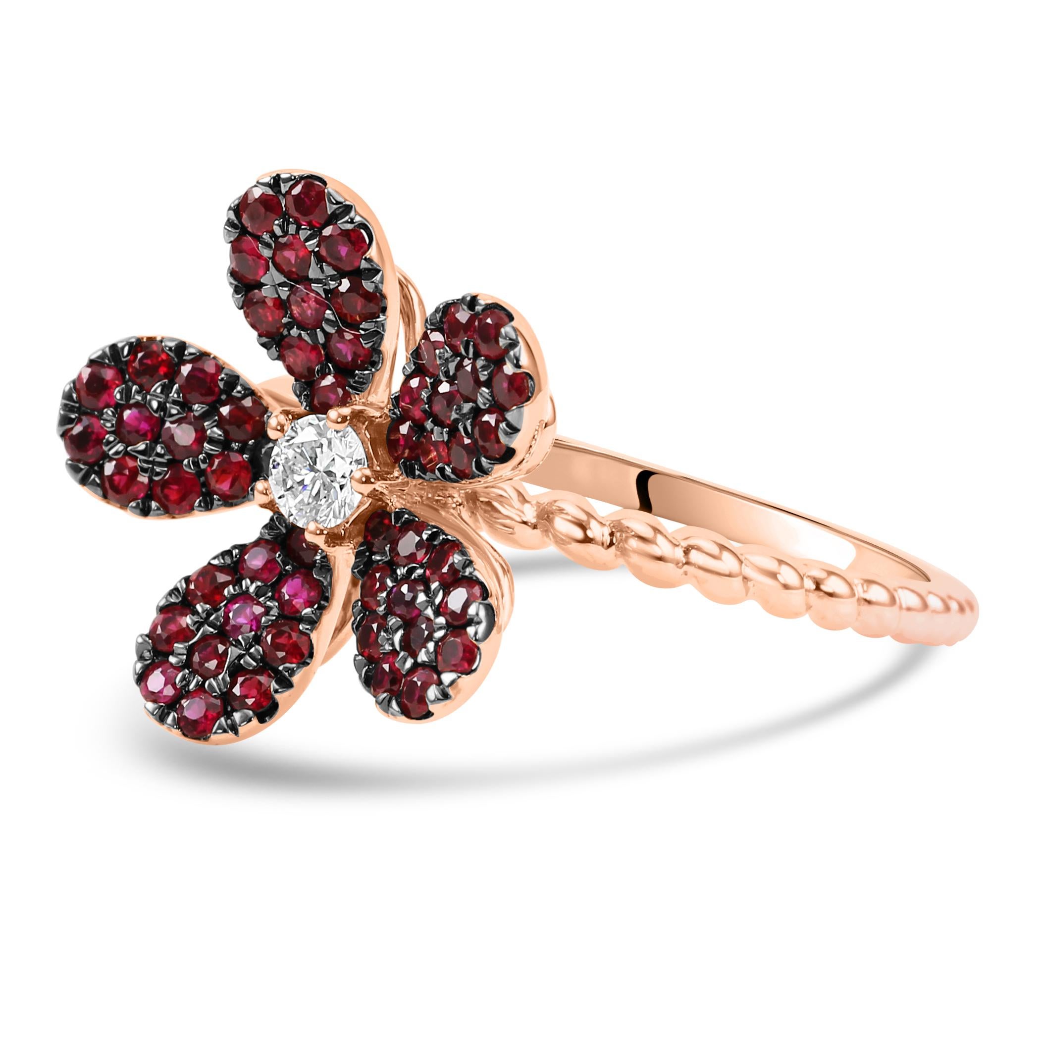 Modern  Ruby Round White Diamond 14K Rose Gold Flower Shape Cocktail Fashion Ring  For Sale