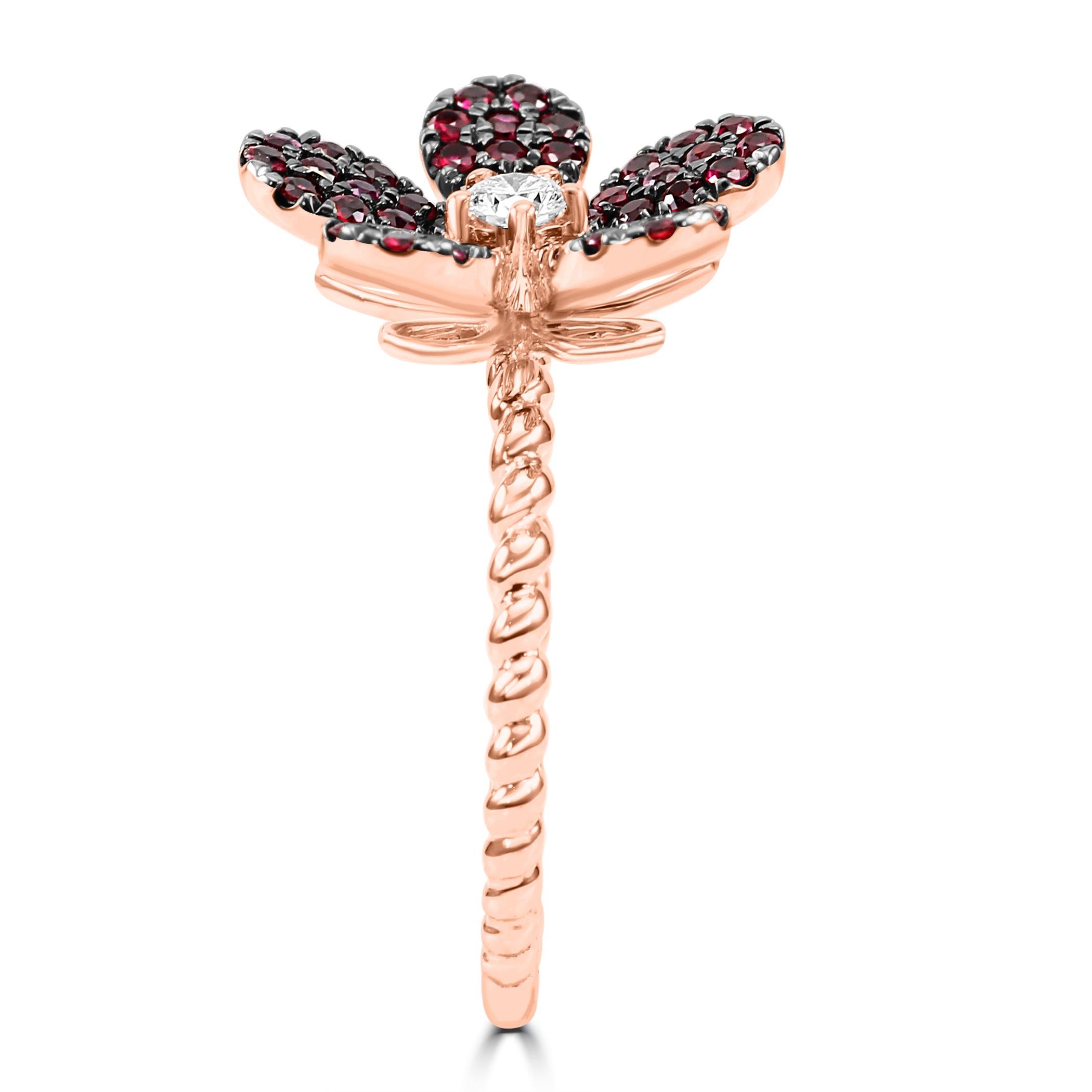 Round Cut  Ruby Round White Diamond 14K Rose Gold Flower Shape Cocktail Fashion Ring  For Sale