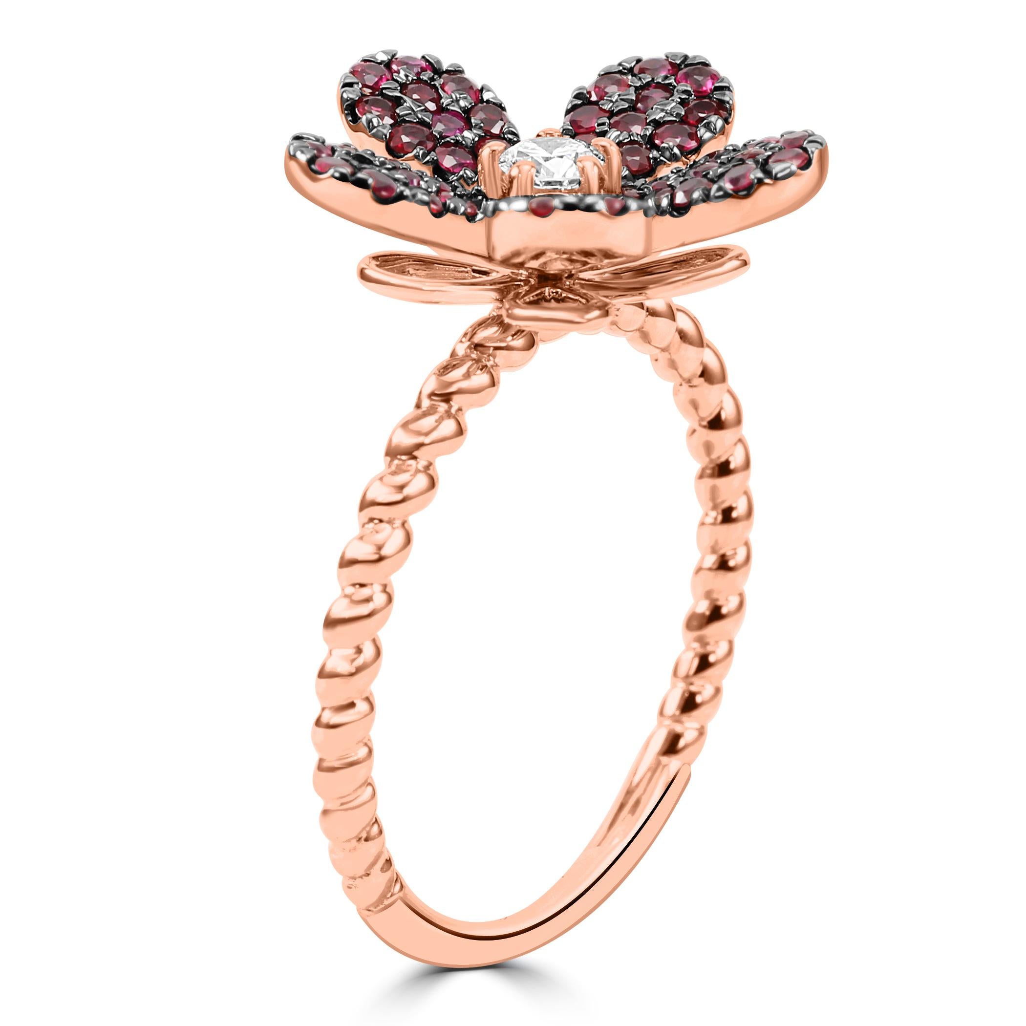  Ruby Round White Diamond 14K Rose Gold Flower Shape Cocktail Fashion Ring  In New Condition For Sale In Sayreville, NJ