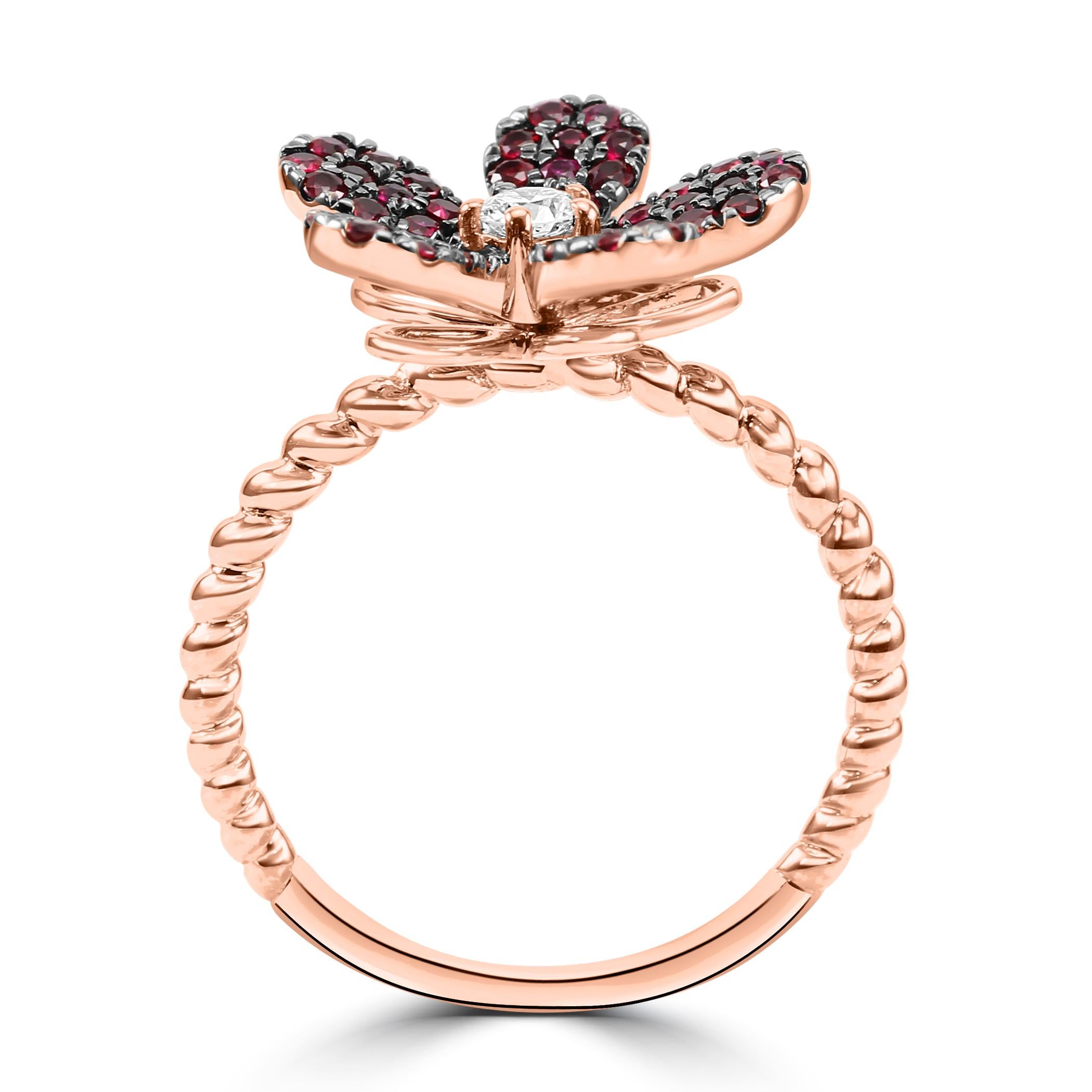 Women's or Men's  Ruby Round White Diamond 14K Rose Gold Flower Shape Cocktail Fashion Ring  For Sale
