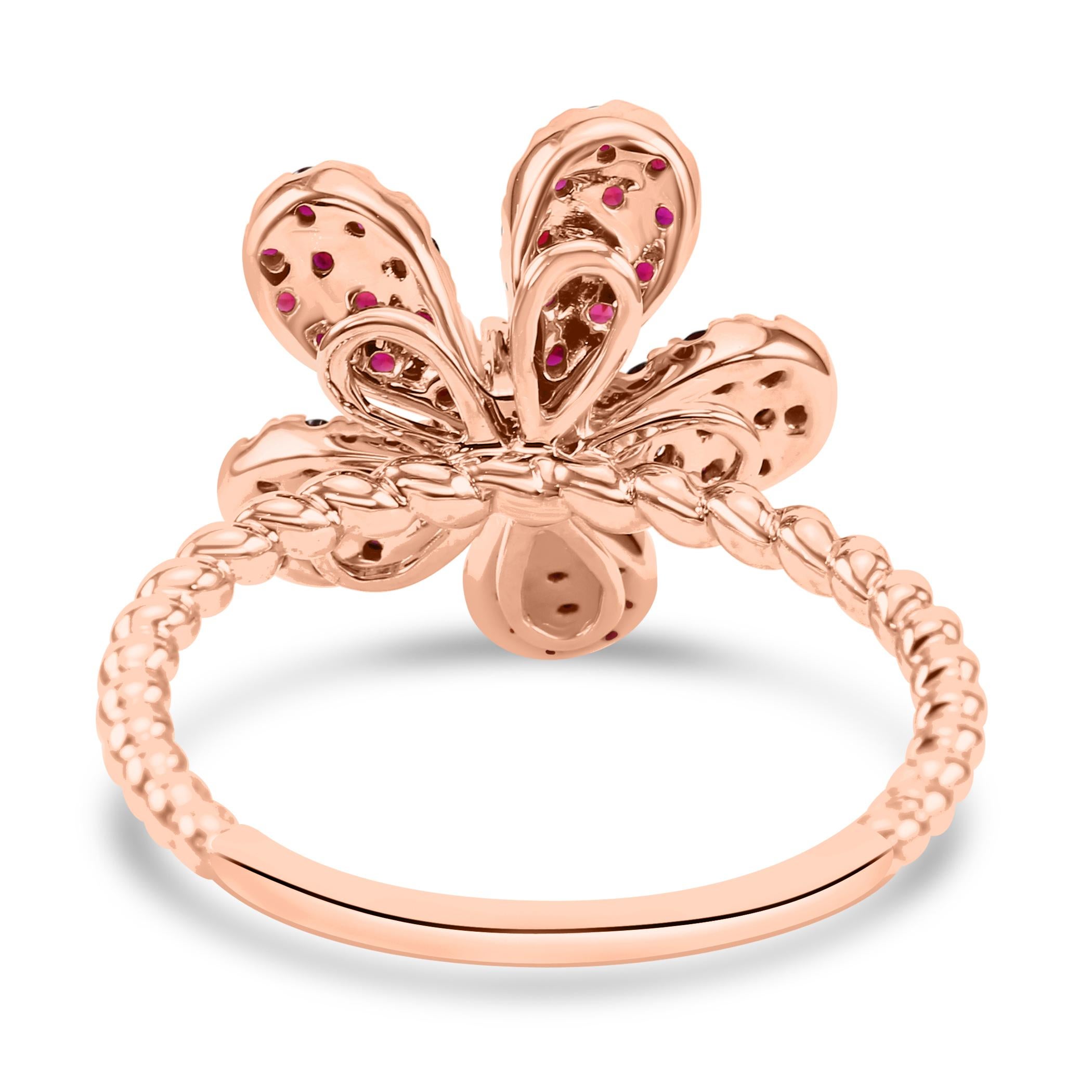  Ruby Round White Diamond 14K Rose Gold Flower Shape Cocktail Fashion Ring  For Sale 1