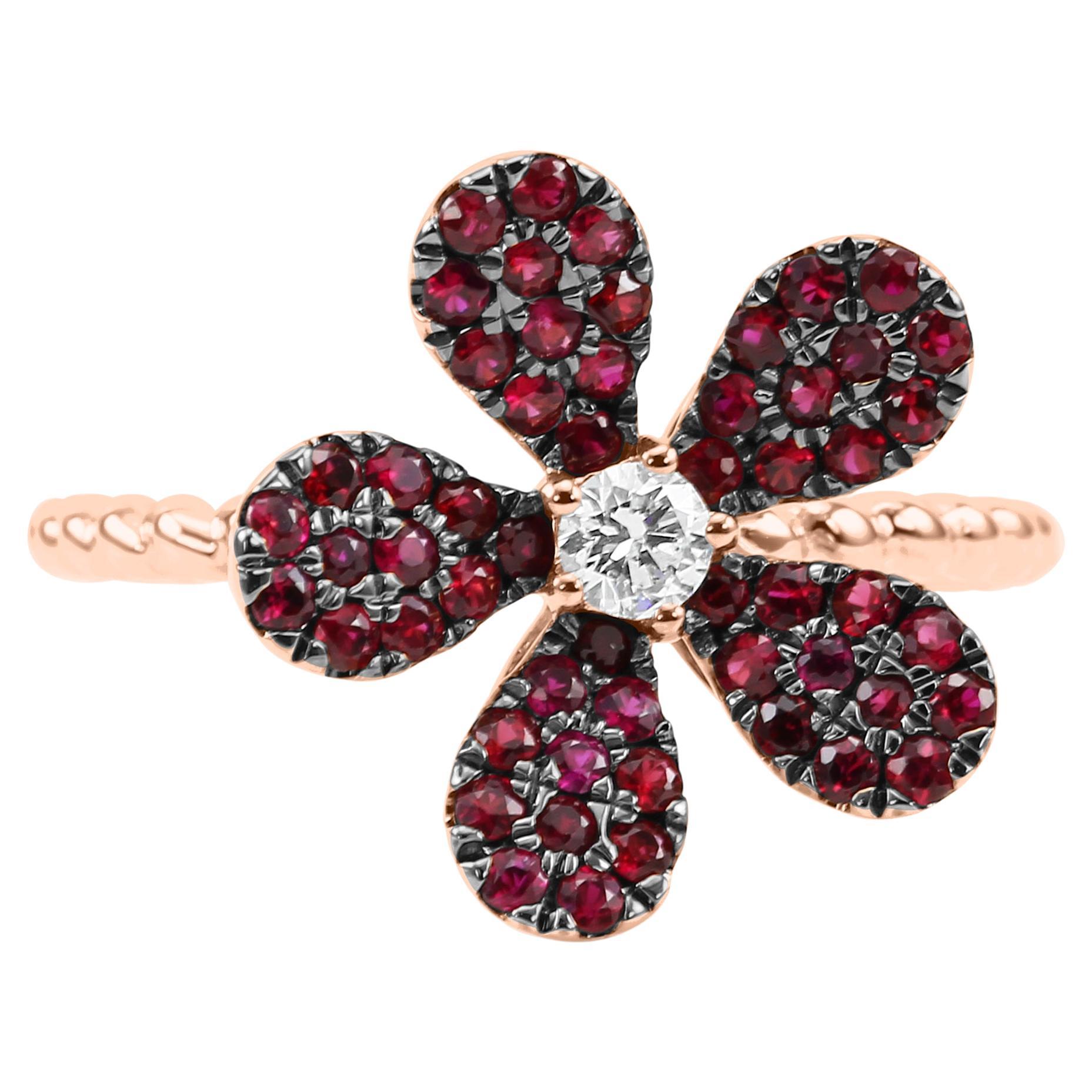  Ruby Round White Diamond 14K Rose Gold Flower Shape Cocktail Fashion Ring  For Sale