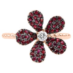 Ruby Round White Diamond 14 Karat Rose Gold Flower Shape Cocktail Fashion Ring
