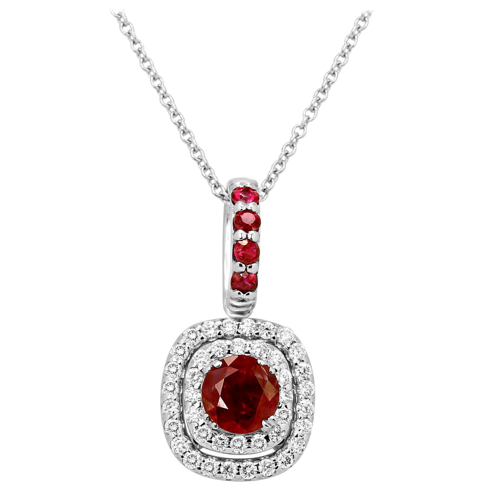 Ruby Round White Diamond Double Halo Gold Pendant Drop Necklace