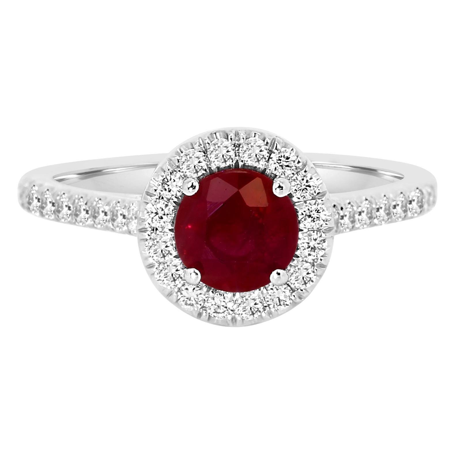 Ruby Round White Diamond Halo 18 Karat White Gold Bridal Fashion Cocktail Ring