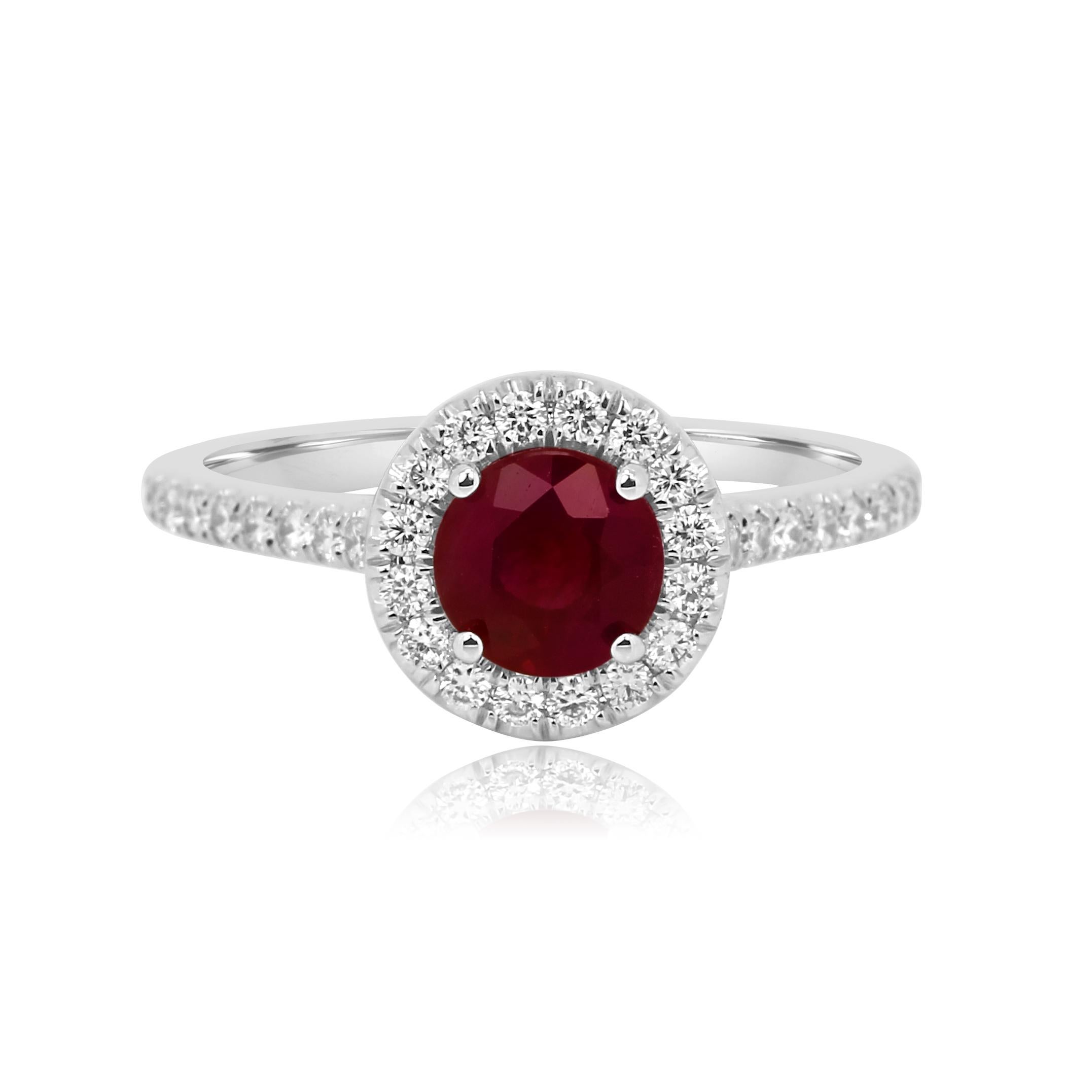 Gorgeous Ruby Round 1.08 Carat Encircled in a Single Halo of White G-H Color VS-SI Clarity 0.45 Carat in Stunning 18K White Gold Bridal Fashion Cocktail Ring. Total Stone Weight 1.53 Carat.

MADE IN USA

Center Ruby Weight 1.08 Carat
Total Diamond