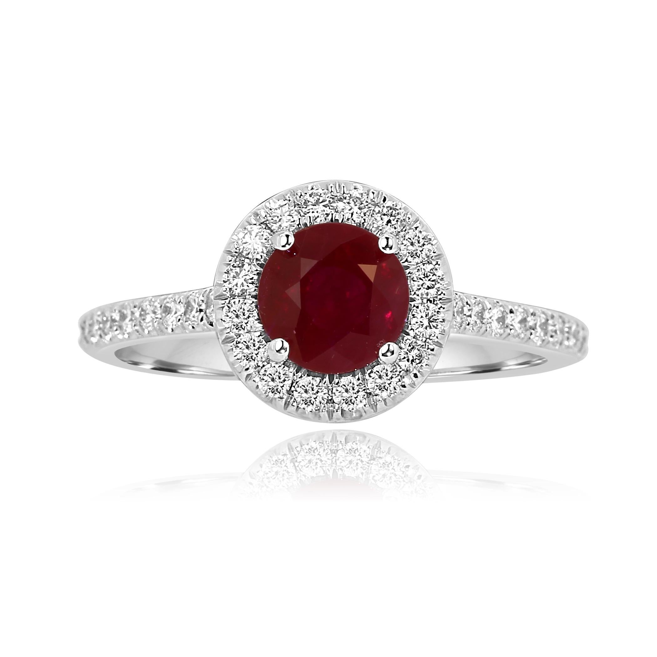 Modern Ruby Round White Diamond Halo 18 Karat White Gold Bridal Fashion Cocktail Ring