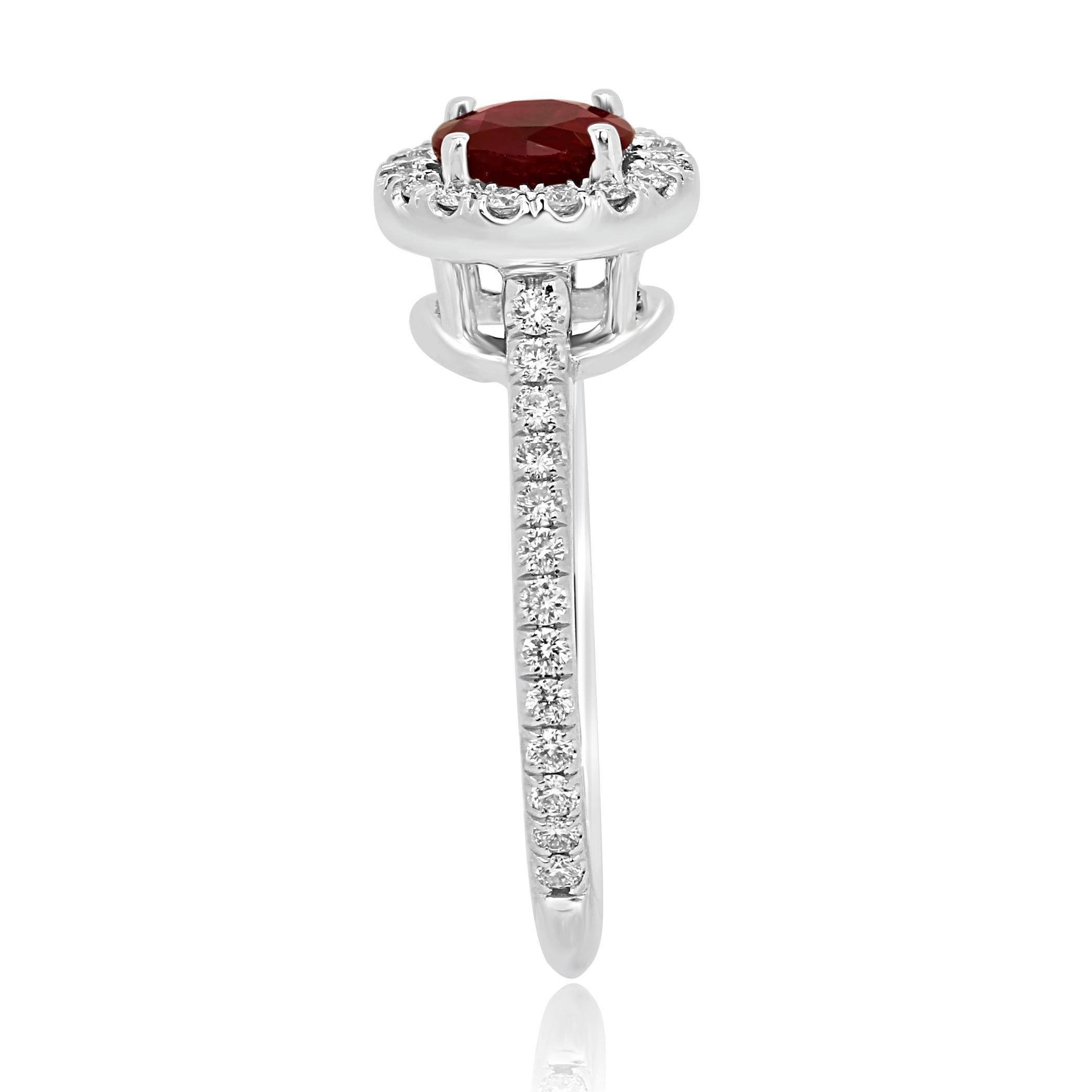 Ruby Round White Diamond Halo 18 Karat White Gold Bridal Fashion Cocktail Ring In New Condition In NEW YORK, NY