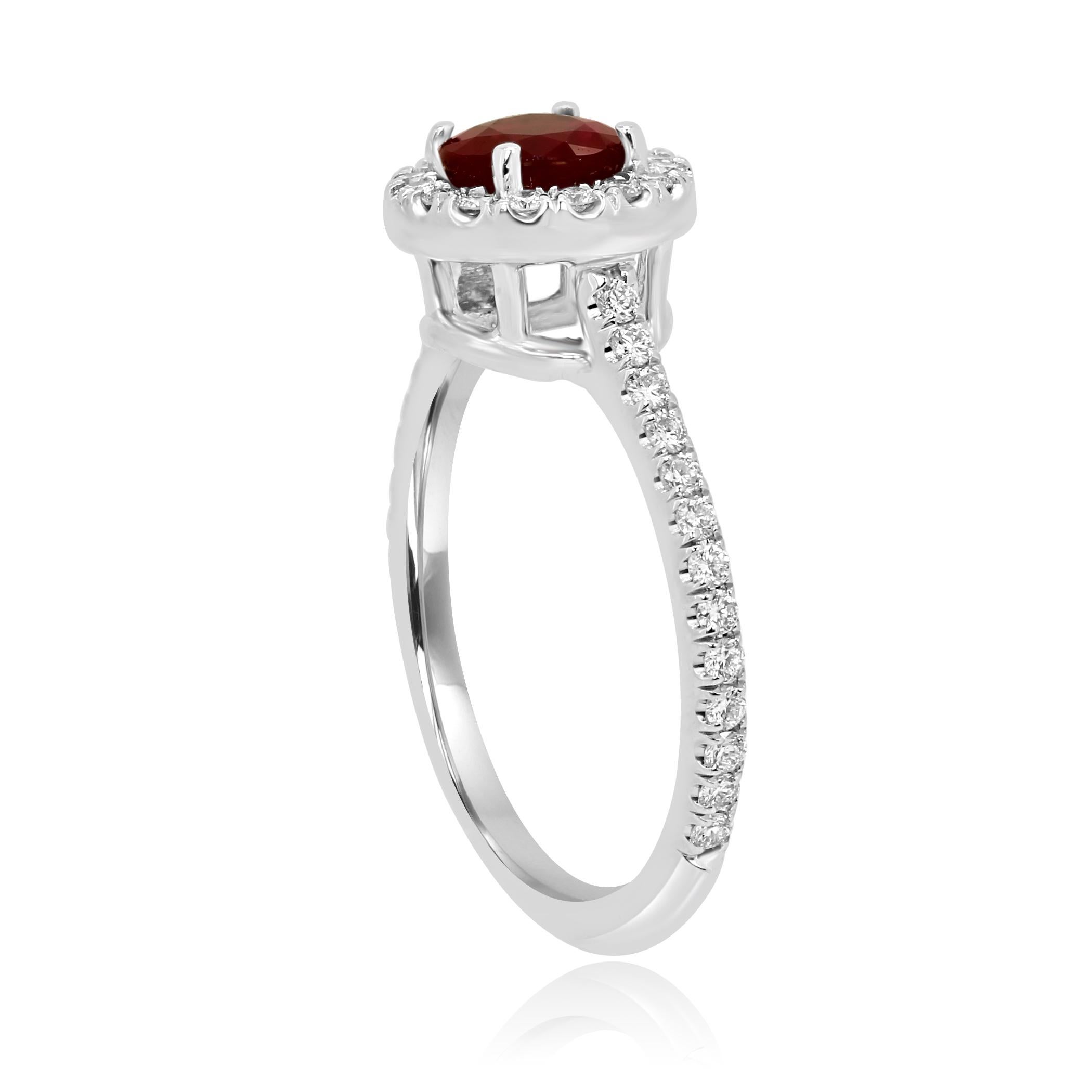 Women's or Men's Ruby Round White Diamond Halo 18 Karat White Gold Bridal Fashion Cocktail Ring