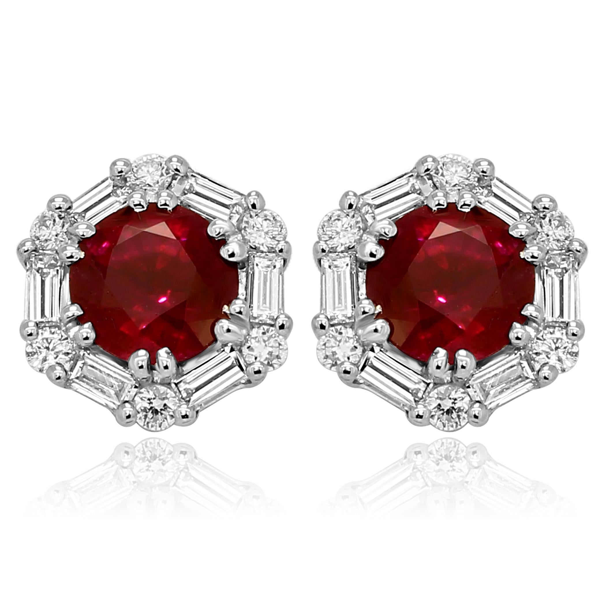 2 Ruby Round 1.27 Carat Encircled in a Halo White Diamond Round 0.13 Carat and White  Diamond Baguettes 0.25 Carat in 14K White Gold Gorgeous Earring.

2 Center Ruby Weight 1.14 Carat
Total Weight 1.52 Carat

Matching Necklace Ref # LU63736638241