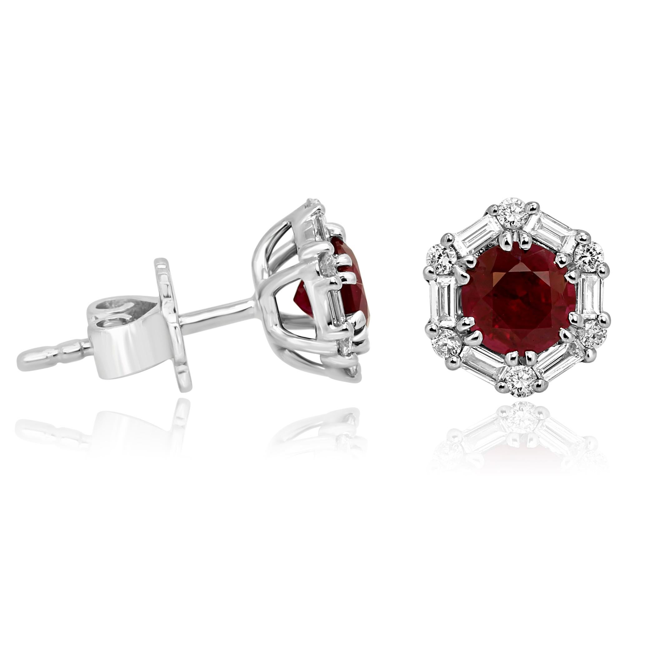 Ruby Round White Diamond Halo Gold Stud Earring In New Condition In NEW YORK, NY