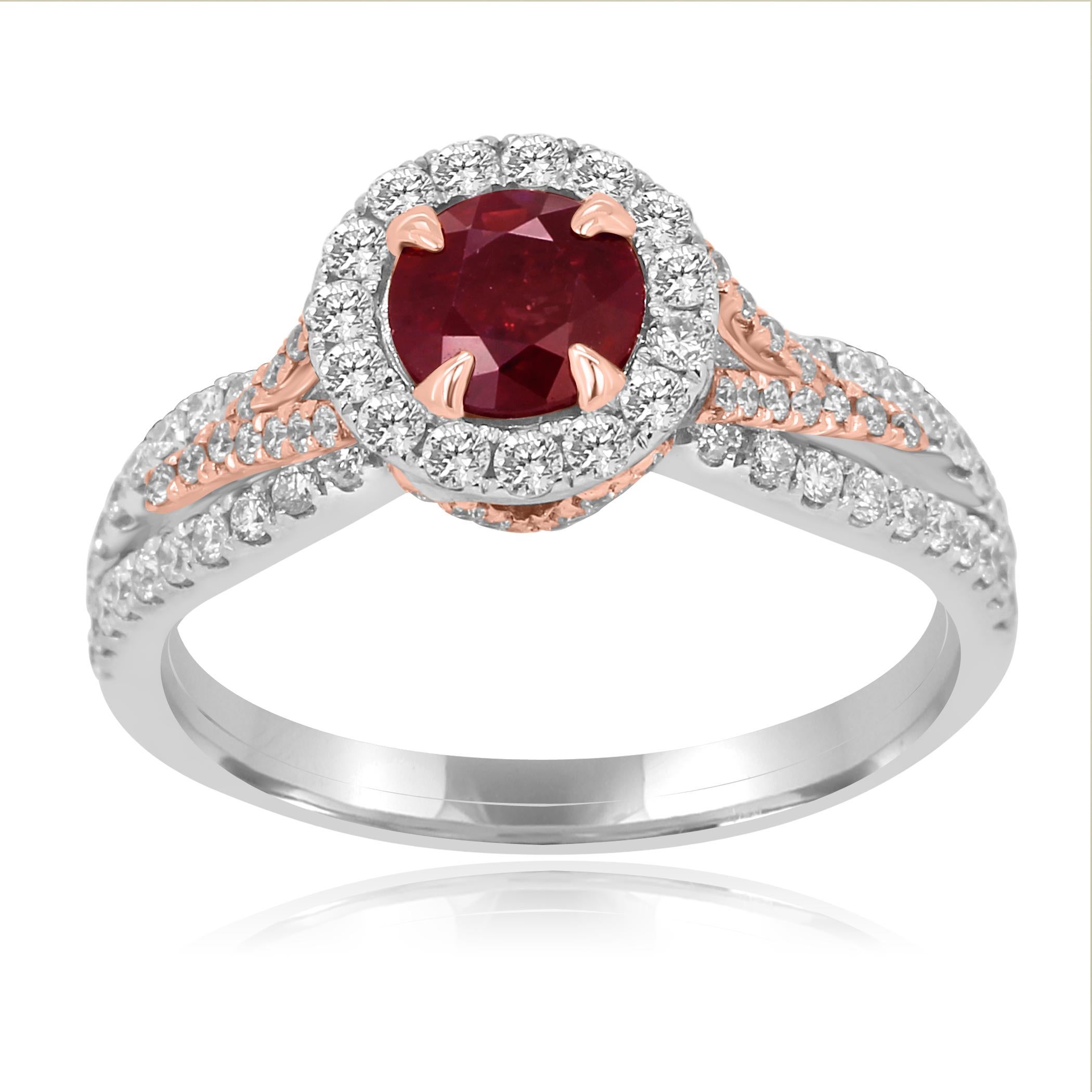 Ruby Round 0.70 Carat encircled in a Single Halo of Colorless VS-SI Round Brilliant Diamonds 0.68 Carat 14K White and Rose Gold Bridal Cocktail Ring.

Center Ruby 0.70 Carat
Total Diamond Weight 0.68 Carat