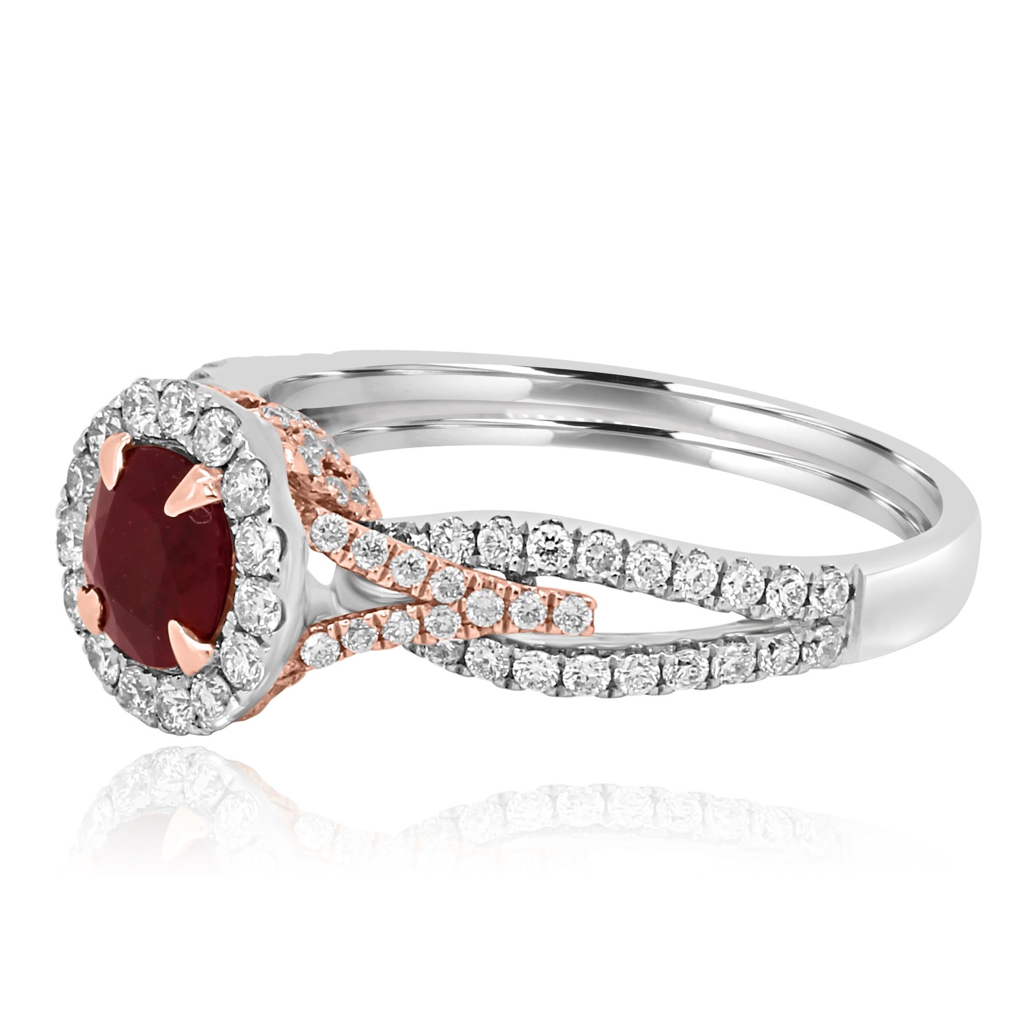 Modern Ruby Round White Diamond Halo Two-Color Gold Bridal Cocktail Ring