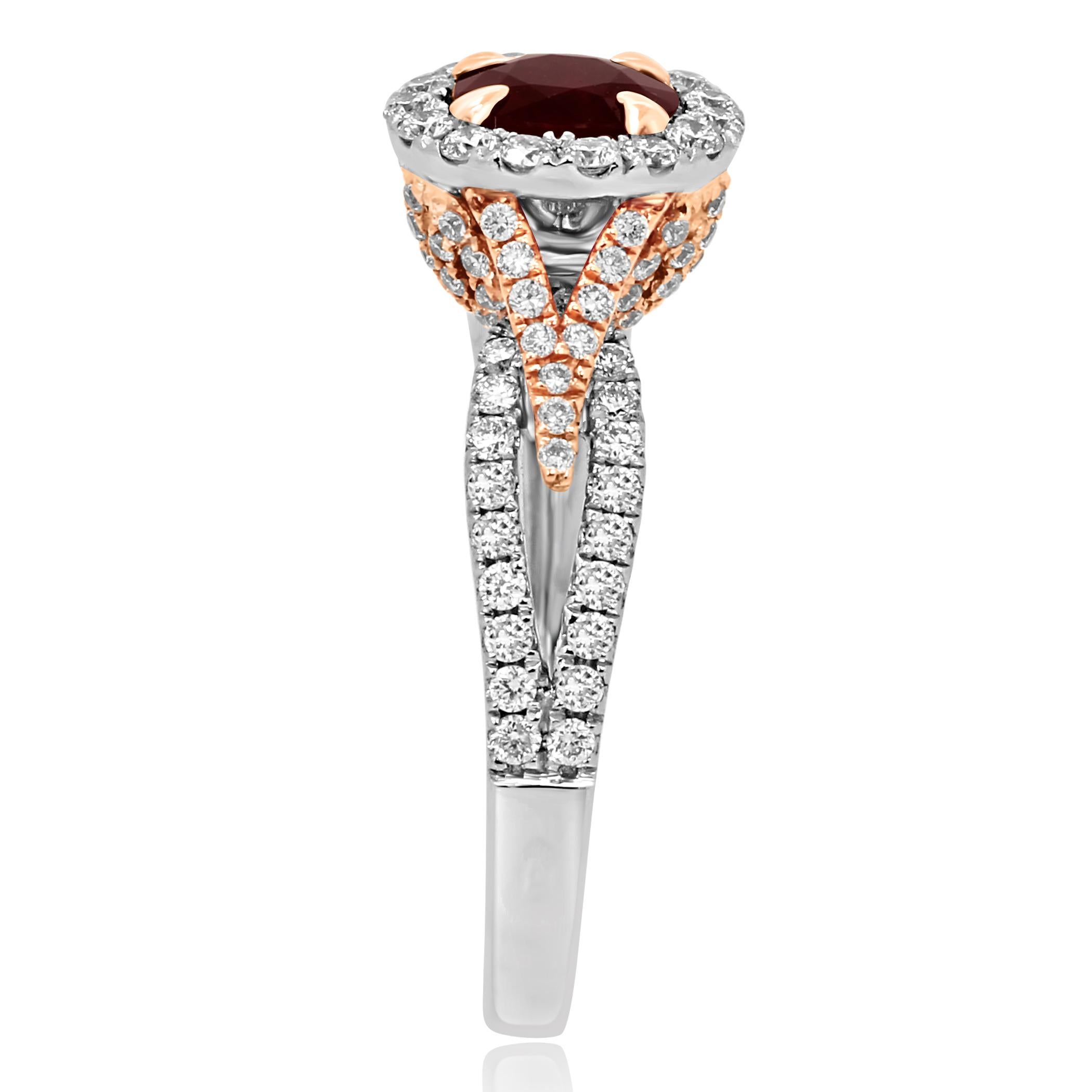 Round Cut Ruby Round White Diamond Halo Two-Color Gold Bridal Cocktail Ring